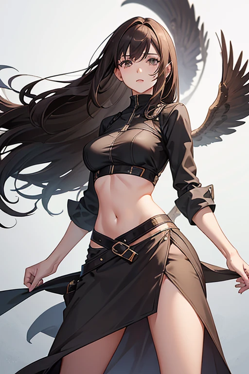 A young woman with long brown hair and gray eyes, wearing sexy clothes, a skirt with a slit that reaches to her waist, flapping in the wind, and no underwear.