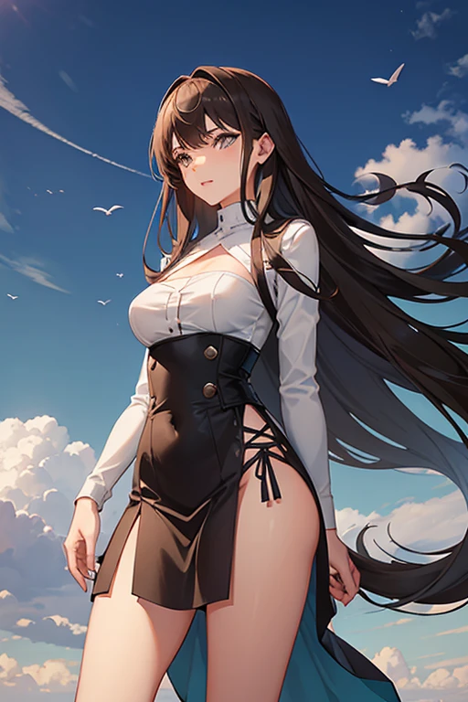 A young woman with long brown hair and gray eyes, wearing sexy clothes, a skirt with a slit that reaches to her waist, flapping in the wind, and no underwear.