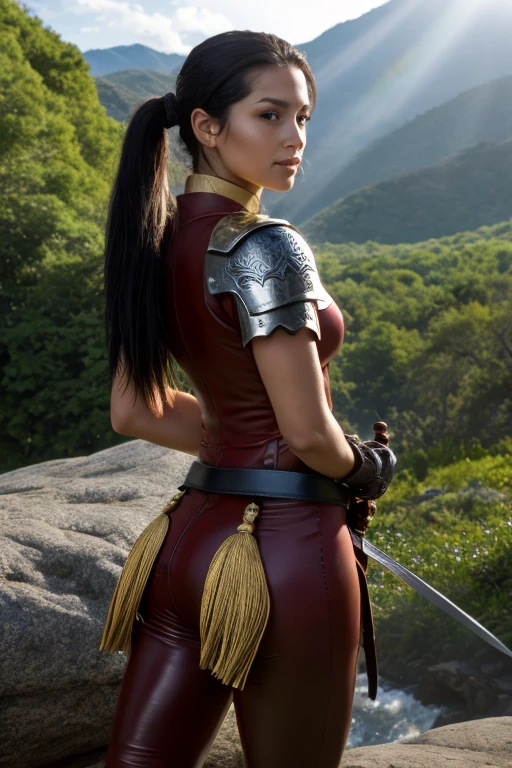 a beautiful latina woman with long straight black hair, hair tied at the sides and forming a ponytail at the back, wearing a dark red leather uniform adorned with bronze metal armor. She wields a sword with a long sheath. Find it in a rocky setting, surrounded by trees and lush vegetation. In the background, glimpse majestic mountains, gently flowing waterfalls, under a blue sky dotted with white clouds.

