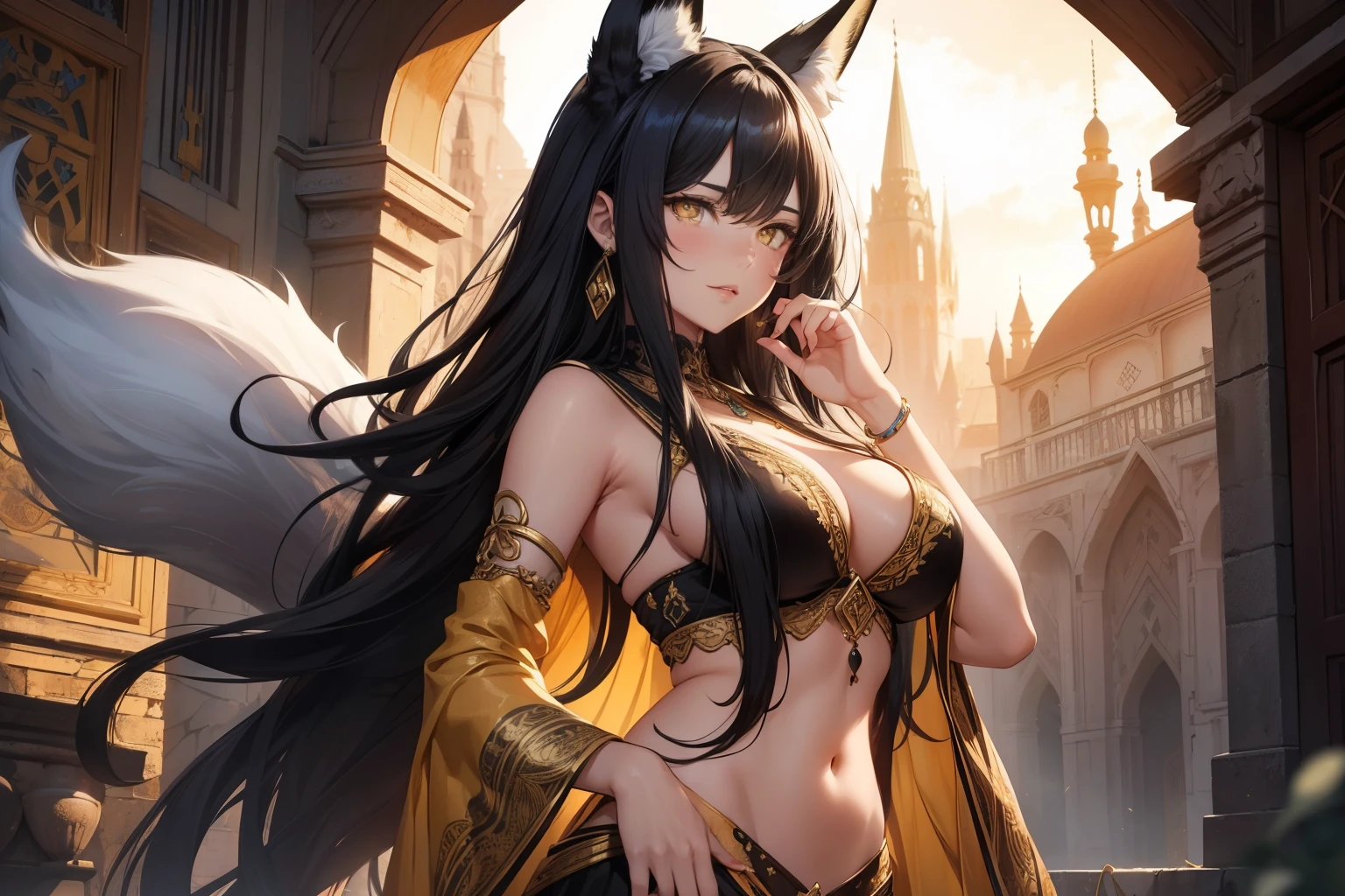 (best quality, 4k, 8k, highres, masterpiece:1.2),
ultra-detailed,
detailed face,
detailed lips and eyes,
expressive face,
realistic,
BREAK BLARKY beautiful caucasian woman with long straight black hair, (yellow eyes:1.4), fair skin, fox girl, animal ear fluff, animal ears, extra ears, fox ears, (fox tail:1.5), bangs, hair between eyes, long sidelocks, large breasts, (age 16, height 168 cm),
BREAK oriental belly dancer sexy silk contains delicate embroidery costumes,midriff peek, sandals with golden details,
BREAK Consider a delicate butterfly wing accessory for a whimsical touch during photos or special moments,
BREAK Sunset hues drape an antique castle, a portal to the long-lost splendors of India and Persia.
Amidst the weathered stones, a stunning gracefully paces through echoing aisles.
Her presence evokes a timeless elegance, merging seamlessly with the historical tapestry.
The castle, bathed in the warm glow of twilight, whispers tales of forgotten epochs.
As the girl ambles, intricate patterns of sunlight dance on the aged walls, revealing ornate carvings and murals adorned with vibrant pigments.
looking at viewer, big smile, dutch angle