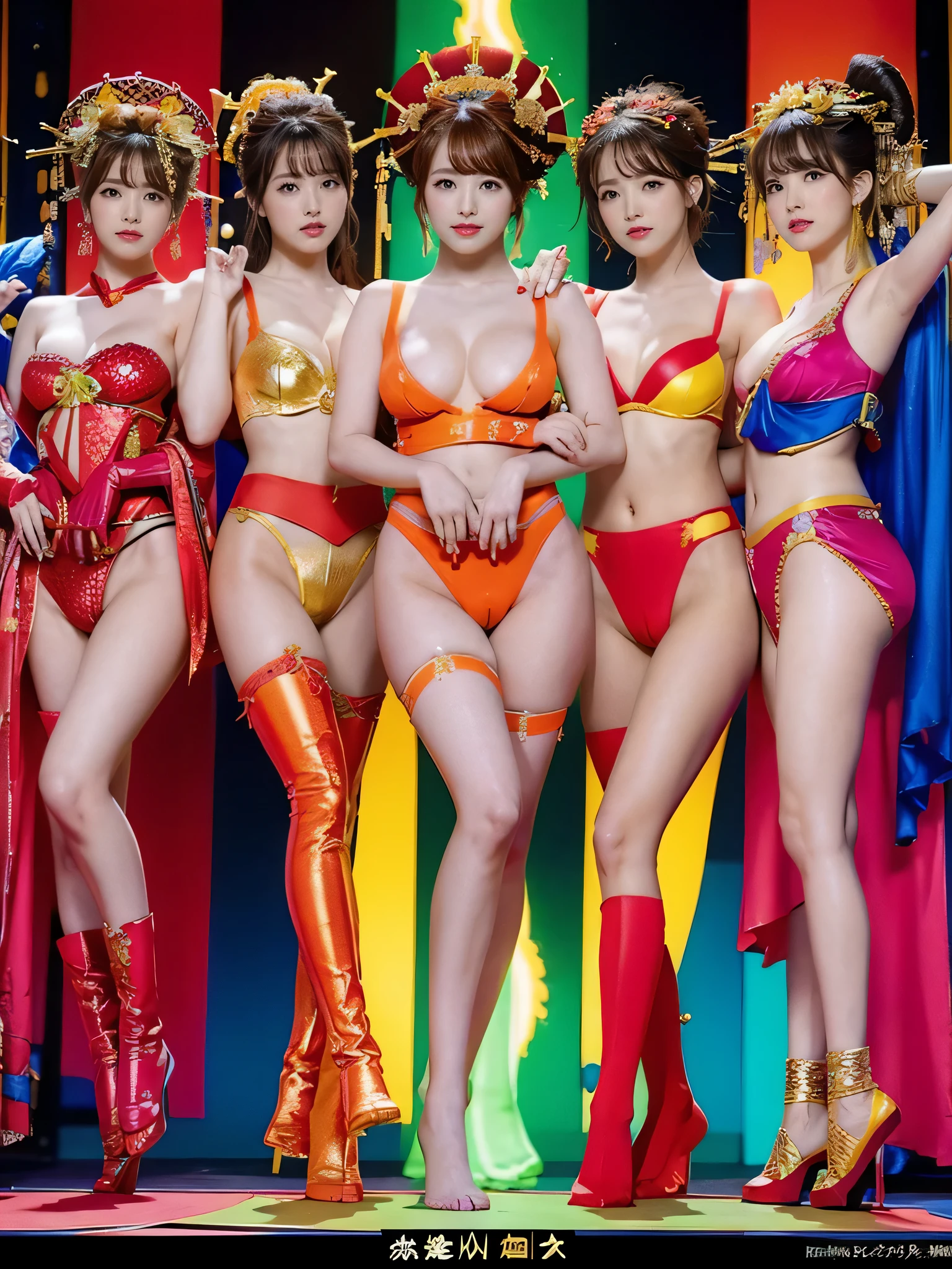 Brave and daring images of six courtesans。Each one is decorated in the following vibrant colors:: Neon Pink、Sunset Orange、Fire Truck Red、Plasma Violet、Fluorescent Green、Shocking Yellow。 Dynamic poses express the background that exudes energy and courage。 It embodies the essence of the classic Sentai hero team.。 The costumes of each courtesan are sophisticated and modern.、Each color has elements that reflect its theme.、You can act now。 Bewitching、sexy、eros、beautiful face、detailed face、perfect proportions、big breasts、thin waist、navel、big ass、gap between crotches、thighs、((camel toe))、