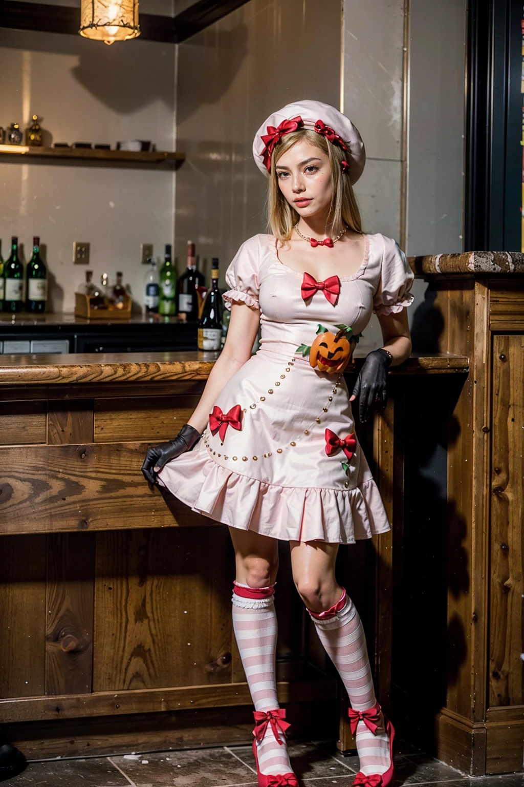 (1 lady), The beautiful, (Best quality at best:1.4), (ultra - detailed), (extremely detailed CG unified 16k), gold blonde hair, very detailed, High-definition RAW color photo, professional photoshooting, amazing face and eyes, cosmetics, (amazingly beautiful girl), ((lambdadelta)), ((dress, shoes bow, red shoes, striped stockings, red bow, pink hat, necklace, gloves, pearl, pumpkin brooch, pink dress)), standing, sexyposture，(Dark and stylish bar, drinks, lamp lights, lamp lights:1.3), (look from down), realistic cinematic face, head to feet long wide zoomed out view, full body long view , photorealistic, ((realistic natural blonde hair style, honey eyes)), gorgeous, extremely beautiful face, perfect model beauty, pout mouth, flirting smile, cleavages, city girl, western, shopping in the city, (masterpiece), best quality, high resolution, extremely detailed, blurred background, depth of field, cinematic lighting, amazing legs, high heels, clear and well-cared skin