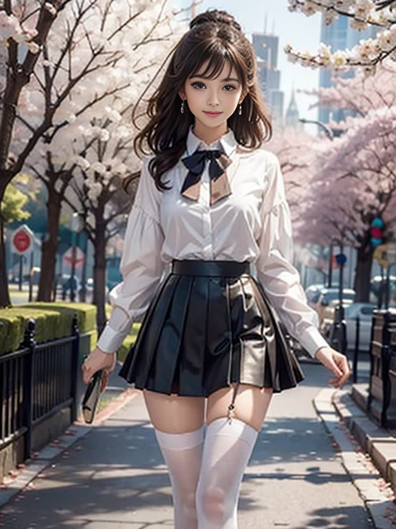 ((whole body)), ((from the front)), ((walk in the park)), ((realistic)), 1 girl, looking at viewer, detailed scene, Curly hair, air bang, beautiful hair accessories, brownish yellow hair, ((white colored blouse, Short tight skirt, neck bow tie, high heel)), (Campus Style), warm lighting, warm color palette, More details, very detailed, (masterpiece, best quality), (Very detailed and beautiful work), delicate earrings, delicate necklace, simple blurred background, extreme detail description, Ultra-fine painting, delicate face, slim body, (smile, tooth exposure), (anatomy correct), tight dress, cherry blossom road with river, Walking figure, stockings