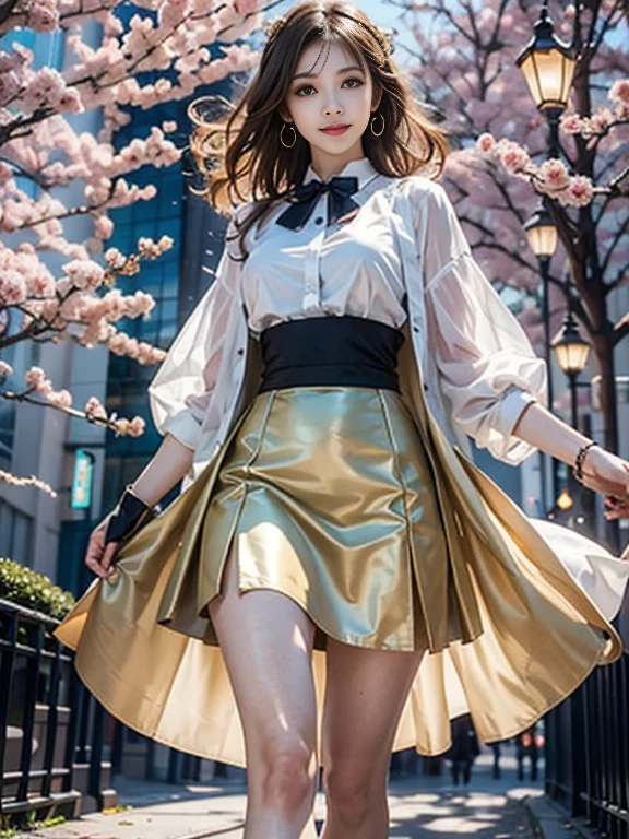 ((whole body)), ((from below)), ((walk in the park)), ((realistic)), 1 girl, looking at viewer, detailed scene, Curly hair, air bang, beautiful hair accessories, brownish yellow hair, ((white colored blouse, Short tight skirt, neck bow tie, high heel)), (Campus Style), warm lighting, warm color palette, More details, very detailed, (masterpiece, best quality), (Very detailed and beautiful work), delicate earrings, delicate necklace, simple blurred background, extreme detail description, Ultra-fine painting, delicate face, slim body, (smile, tooth exposure), (anatomy correct), tight dress, cherry blossom road with river, Walking figure, stockings