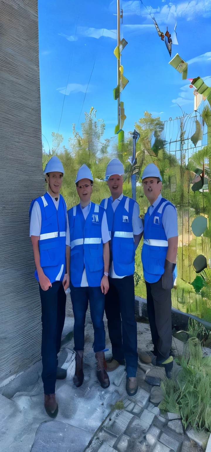 three men in blue vests and white hats standing next to a building, photoshot, portrait shot, photo taken in 2 0 2 0, portrait n - 9, photo portrait, maintenance photo, civil engineer, fanart, profile image, protrait, avatar image, full protrait, photo shoot, potrait, dug stanat, ground-breaking, a portrait