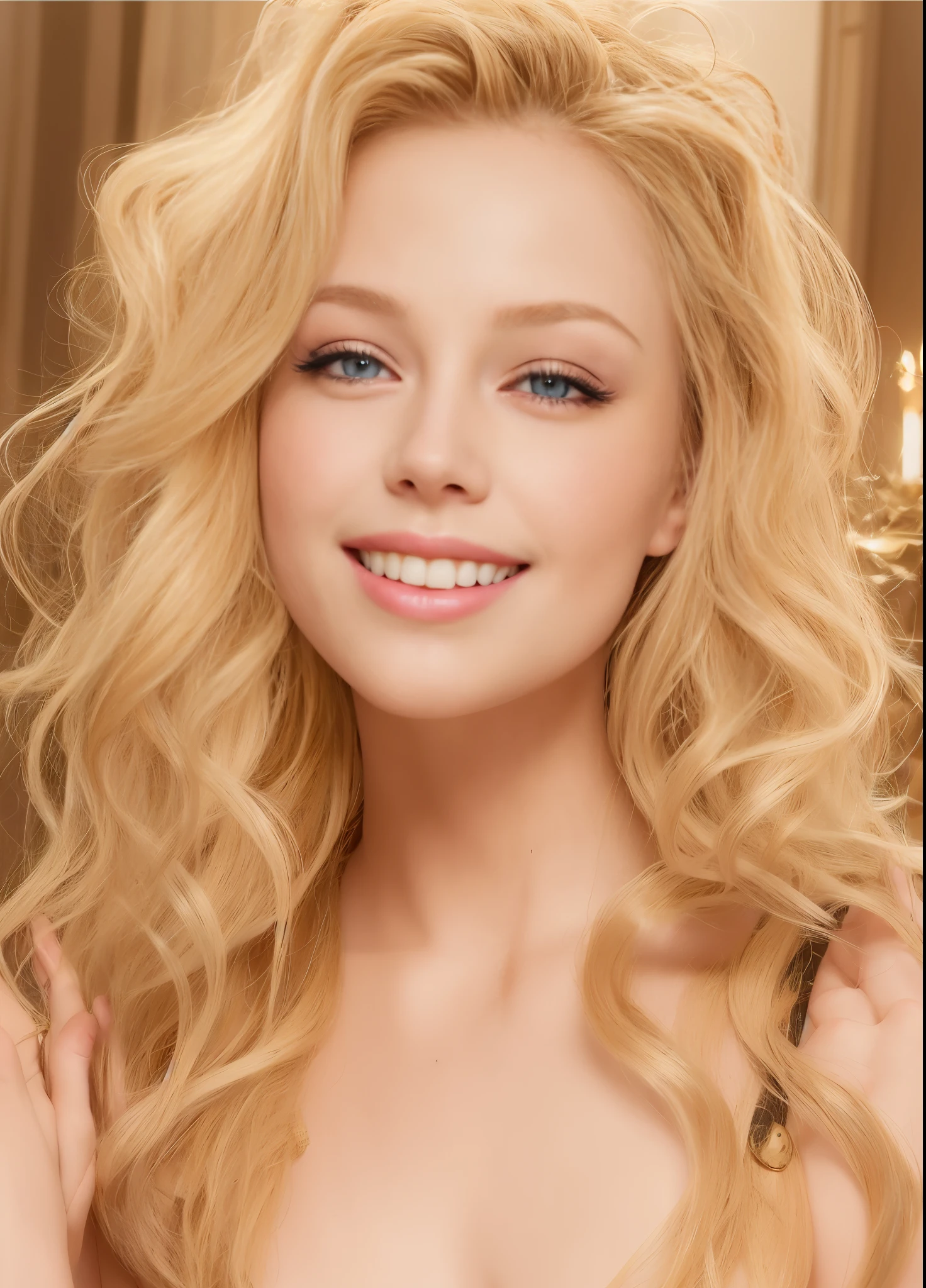 Nahaufnahme einer Frau mit langen blonden Haaren und blauem Kleid, a beautiful blonde, lockiges blondes Haar | d & d, lockiges Blond, blondes lockiges Haar, lockiges blondes Haar, beautiful blonde girl, breathtaking beauty, breathtaking beauty, langes lockiges hellblondes Haar, a girl with blond hair, lockiges blondes Haar, blonde goddess, langes lockiges blondes Haar