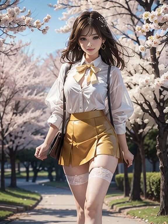 ((whole body)), ((from the front)), ((walk in the park)), ((realistic)), 1 girl, looking at viewer, detailed scene, Curly hair, air bang, beautiful hair accessories, brownish yellow hair, ((white colored blouse, Short tight skirt, neck bow tie, high heel)), (Campus Style), warm lighting, warm color palette, More details, very detailed, (masterpiece, best quality), (Very detailed and beautiful work), delicate earrings, delicate necklace, simple blurred background, extreme detail description, Ultra-fine painting, delicate face, slim body, (smile, tooth exposure), (??????? correct), tight dress, cherry blossom road with river, Walking figure, stockings, Elegant walking like a model