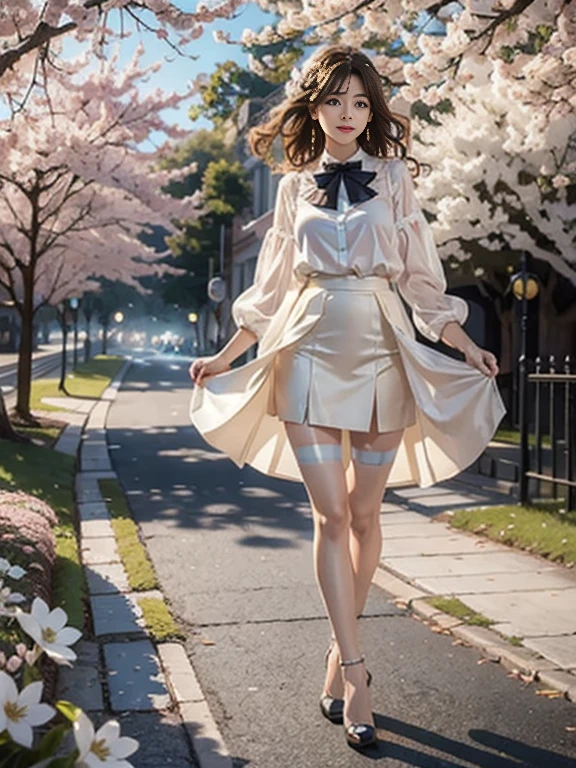 ((whole body)), ((from the front)), ((walk in the park)), ((realistic)), 1 girl, looking at viewer, detailed scene, Curly hair, air bang, beautiful hair accessories, brownish yellow hair, ((white colored blouse, Short tight skirt, neck bow tie, high heel)), (Campus Style), warm lighting, warm color palette, More details, very detailed, (masterpiece, best quality), (Very detailed and beautiful work), delicate earrings, delicate necklace, simple blurred background, extreme detail description, Ultra-fine painting, delicate face, slim body, (smile, tooth exposure), (??????? correct), tight dress, cherry blossom road with river, Walking figure, stockings, Elegant walking like a model
