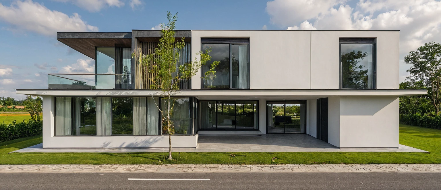 Masterpiece, high quality, best quality, authentic, super detail, outdoors, onestoreyvillaXL, aiaigroup, house style modern on the street ,stairs, white wall ,road,pavement, grass, trees, sky, cloud, (daylight:1.1)