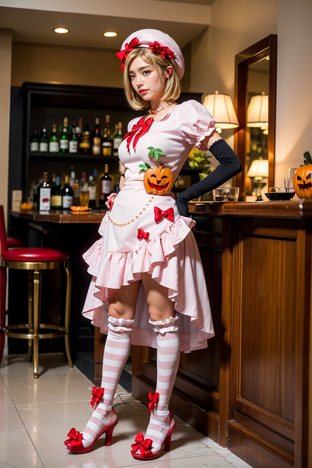 (masterpiece, best quality:1.2), 1girl, solo,standing_split, 
A photo of a beautiful lady cosplaying Lambdadelta, pink beret, dress, blonde hair, short hair, pink and white striped knee highs, pink shoes, red eyes, pumpkin, Jack-o’-lantern