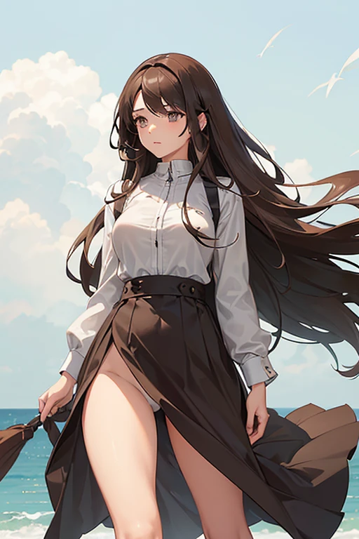 A young woman with ((long brown hair and gray eyes)), wearing sexy clothes, a skirt with a slit that reaches to her waist, (((flapping in the wind, and no underwear))).