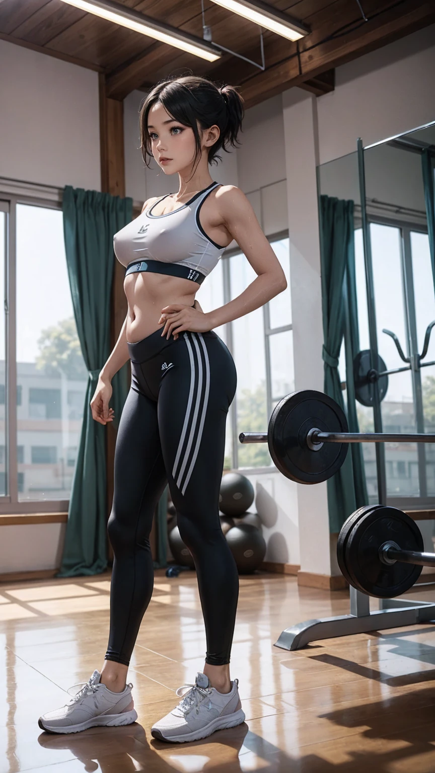 1 girl、A boyish, handsome girl standing tall、Sweat、black undercut short hair、Idol-level cuteness、Look at this、thin、well-shaped chest、belly button、My small white sports bra is see-through with Sweat.、underboob、erect nipples、long leggings、Sports sneakers、anatomically correct、A masterpiece of precise limbs and fingers、full body portrait、at the gym、