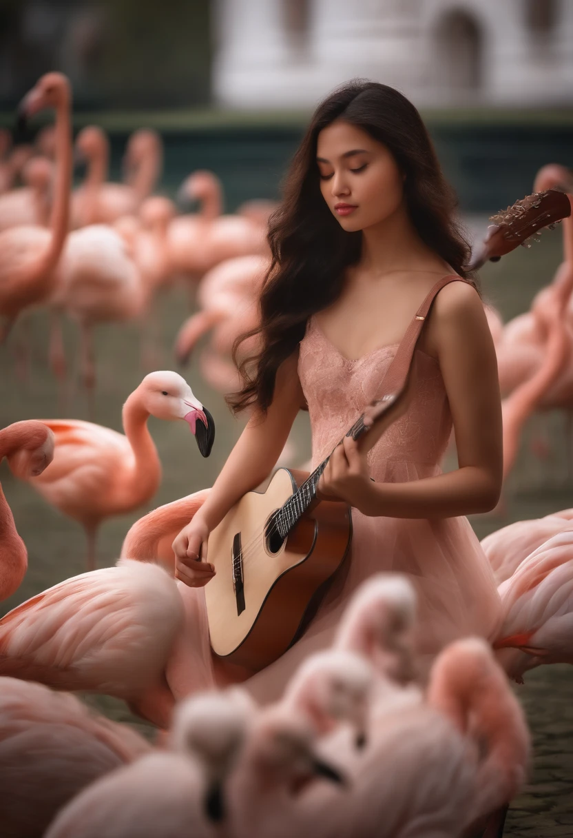 Naked Vietnamese girl very young sexy full body front view playing guitar open legs closed eyes many flamingos and many big white rabbits in Pisa, Piazza dei Miracoli Photo realistic