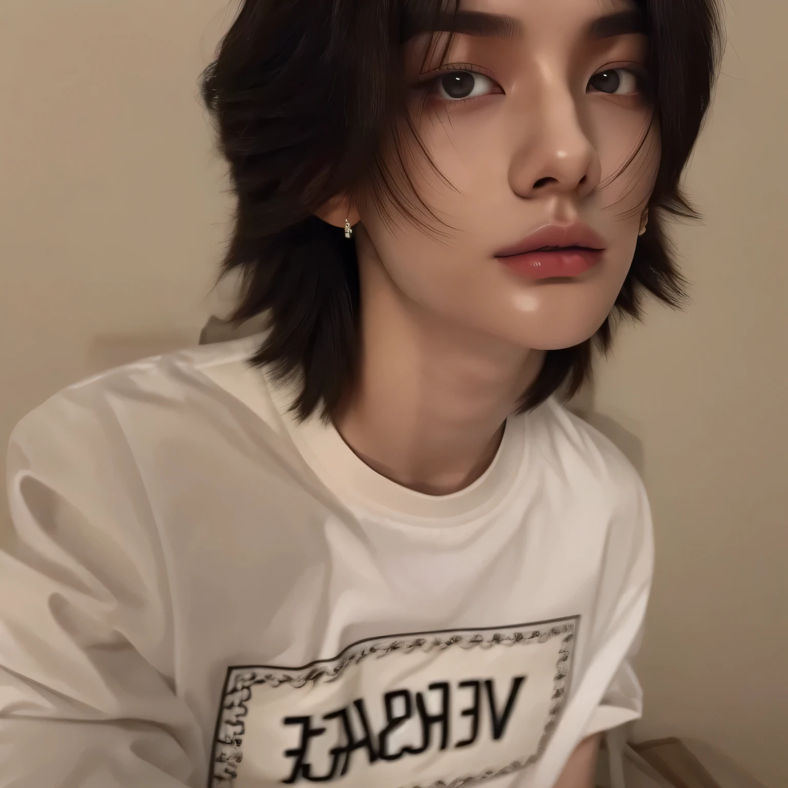 there is a man with a white shirt sitting down with a cell phone, androgynous face, jinyoung shin, male ulzzang, androgynous person, 1 7 - year - old boy thin face, hong june hyung, hyung tae, androgynous male, androgynous, jung jaehyun, taejune kim, tommy 1 6 years old