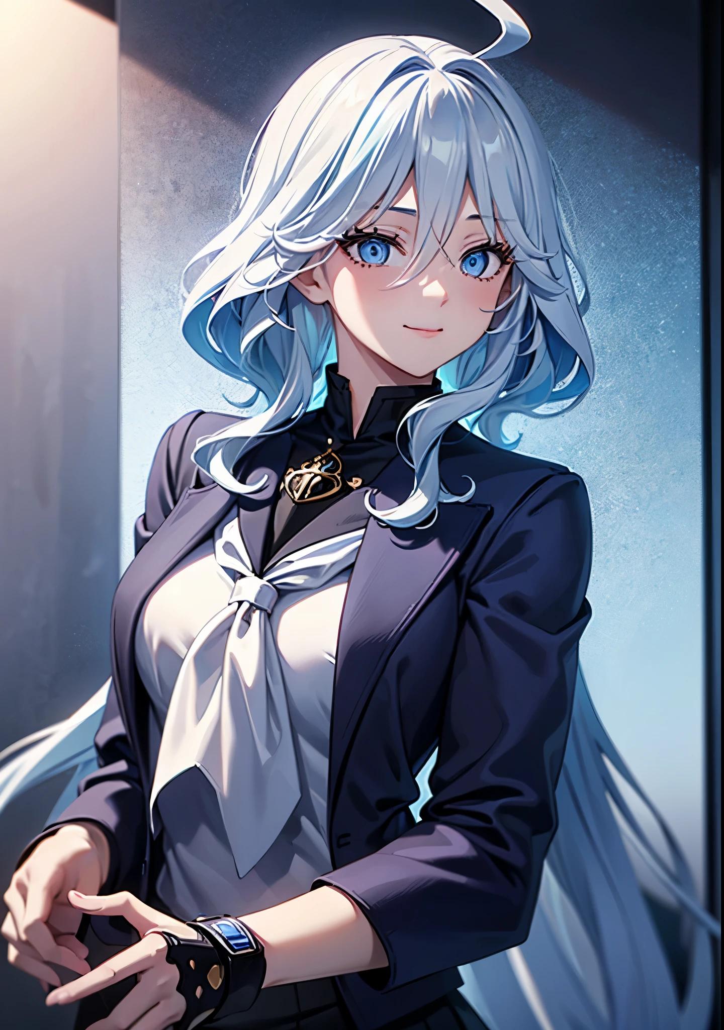 deep skin,textured skin, blue eyes, short light blue hair, smiling,
BREAK  (serafuku, sailor collar, green neckerchief, grey shirt, long sleeves, black skirt:1,2)
BREAK (masterpiece:1.2), best quality, high resolution, unity 8k wallpaper, (illustration:0.8), (beautiful detailed eyes:1.6), extremely detailed face, perfect lighting, extremely detailed CG, (perfect hands, perfect anatomy),