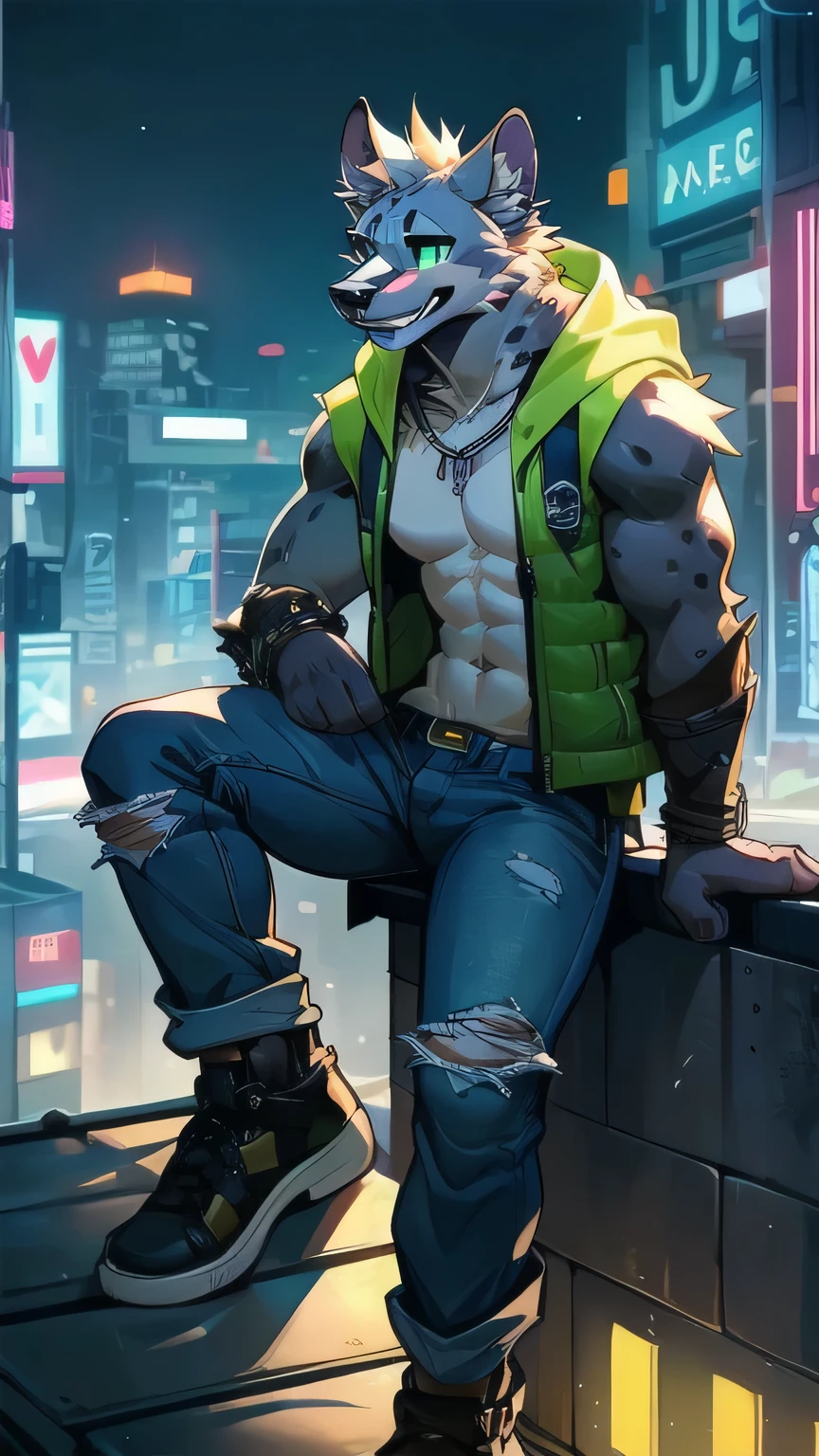 Anthropomorphic hyena, In good condition, silver fur, (Exquisite details), Smile, Handsome, OK, orc, Hooded vest, Sitting on the rooftop of the city, cyberpunk, Neon lights, ripped jeans, Spotted hyena, male, giggle, (Slim, , exquisite eyes), naked, full-body shot,