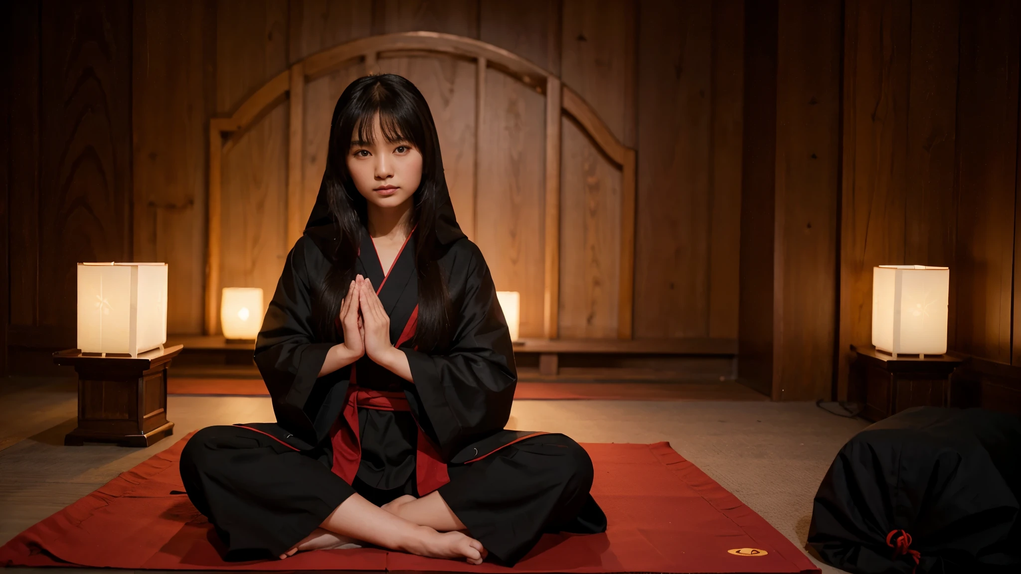 beautiful sheringan girl lotus pose dressed in akatsuki cloak meditation