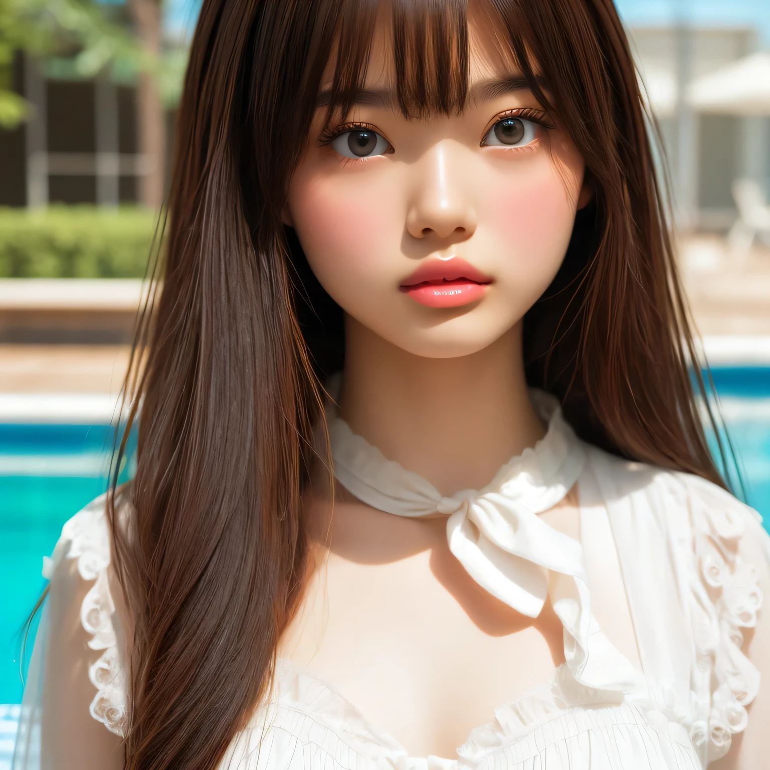 pureerosface_v1, top-quality, Photorealsitic, 8K, hight resolution, 2People Girls, femele, (Skindentation), (portlate:0.6), a gorgeous, dynamicposes, ((poolsidebackground:1.6)), coconut tree, ((Medium Size Round Breast, White blouse:1.4)), straight look at viewer:1.8, (1 Girl's eyes looking at the viewer, medium lenght hair, brown haired, Putted Bangs:1.65), (bokeh dof), (Keep your mouth shut:1.46),a necklace、 Twintail hairstyles,Blue eyes、