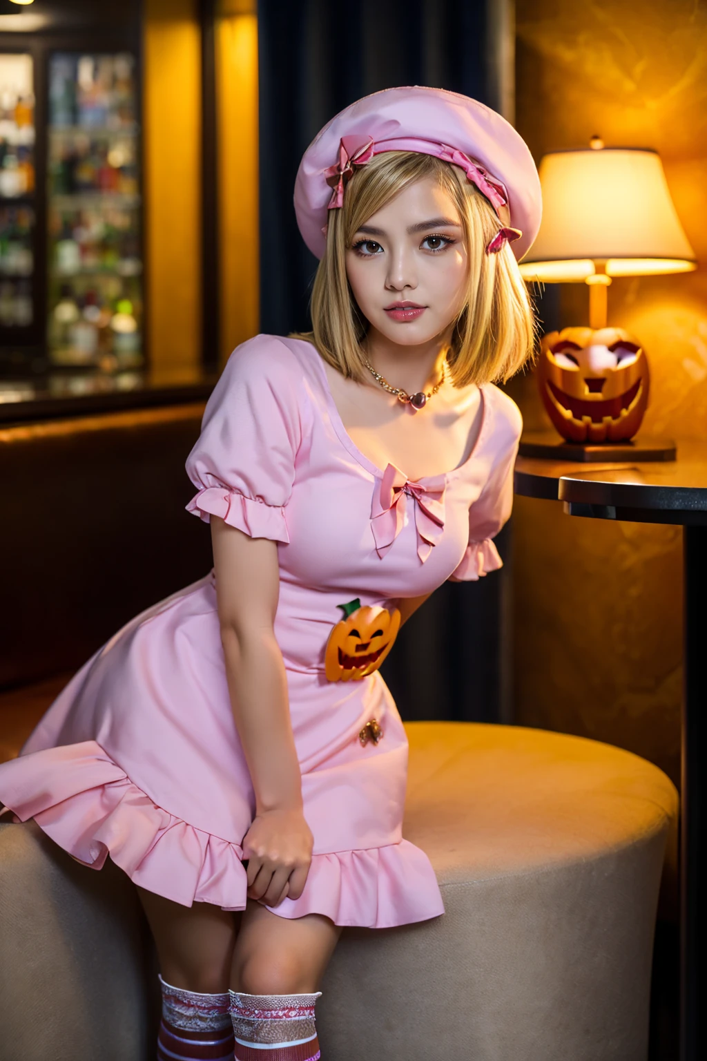 (1 lady), The beautiful, (Best quality at best:1.4), (ultra - detailed), (extremely detailed CG unified 16k), gold blonde hair, very detailed, High-definition RAW color photo, professional photoshooting, amazing face and eyes, cosmetics, (amazingly beautiful girl), ((lambdadelta)), ((dress, shoes bow, red shoes, striped stockings, red bow, pink hat, necklace, gloves, pearl, pumpkin brooch, pink dress)), standing, sexyposture,(Dark and stylish bar, drinks, lamp lights, lamp lights:1.3), (look from down), realistic cinematic face, head to feet long wide zoomed out view, full body long view , photorealistic, ((realistic natural blonde hair style, honey eyes)), gorgeous, extremely beautiful face, perfect model beauty, pout mouth, flirting smile, cleavages, city girl, western, shopping in the city, (masterpiece), best quality, high resolution, extremely detailed, blurred background, depth of field, cinematic lighting, amazing legs, high heels, clear and well-cared skin