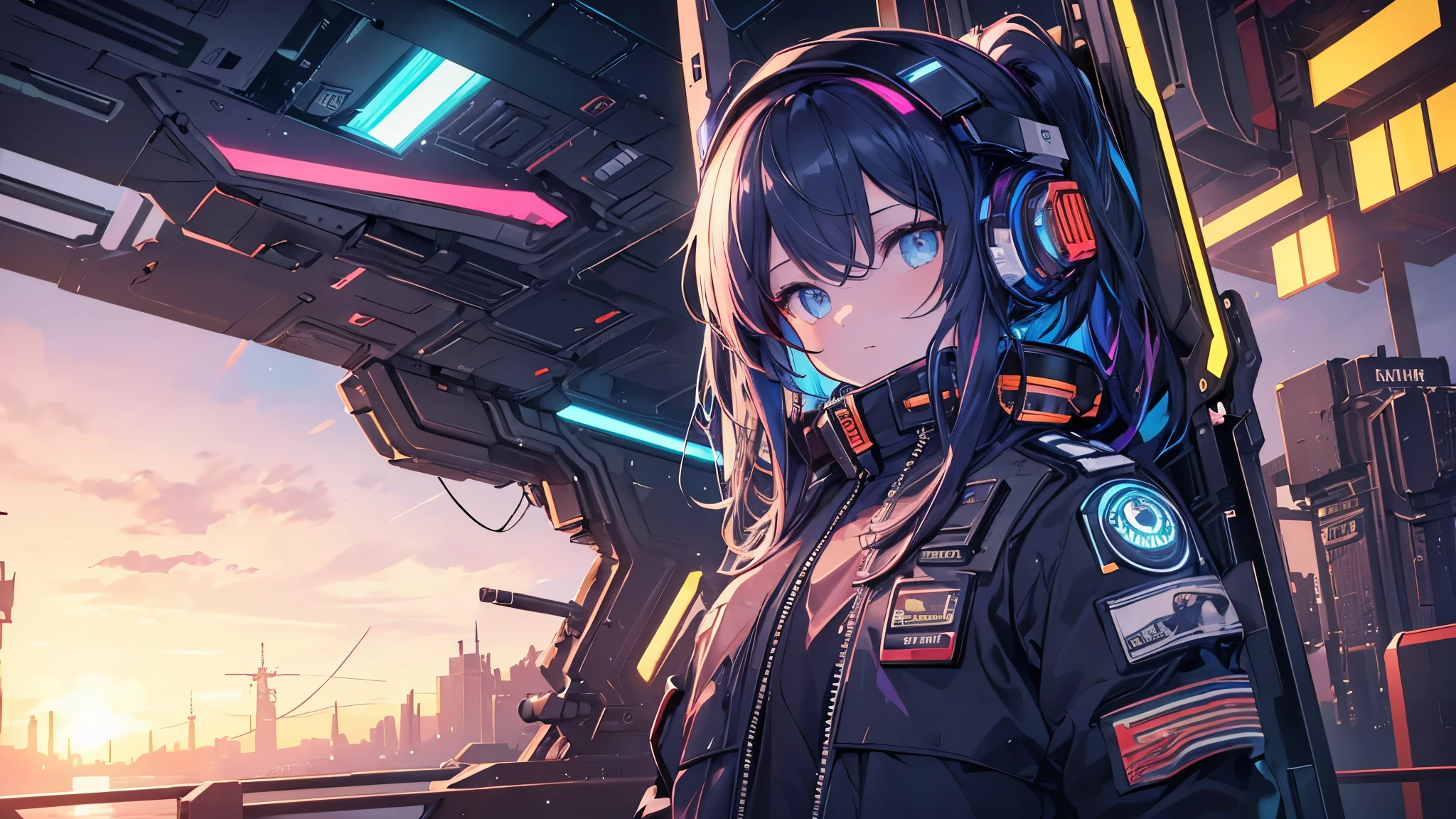 (masterpiece,highest quality,super detailed,ultra high resolution,detailed background),((cyber punk)),((flat color)),((colorful)),(1 girl),pilot,pilot helmet,pilot jacket,looking at the viewer,alone,Upper body,colored background,high contrast,contrasting colors,cowboy shot,