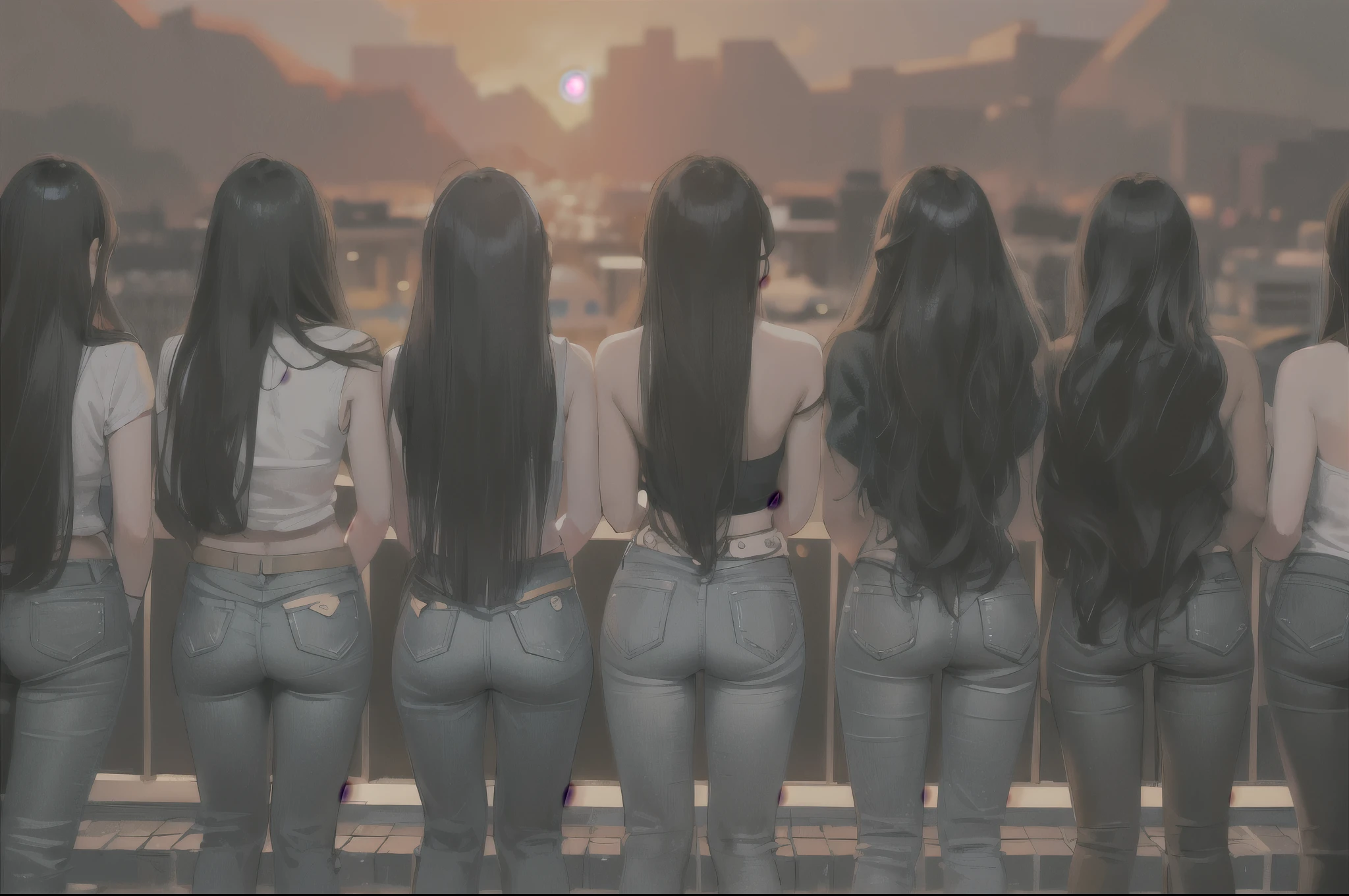araffes of girls long hair standing on a ledge, long hair, 齐腰long hair, long hair直垂下来, Long straight hair, Long fine hair, long shot from behind, shot from behind, long hair女孩, Her hair is long and straight, puple hair, long hair, long black hair, She has her back to us