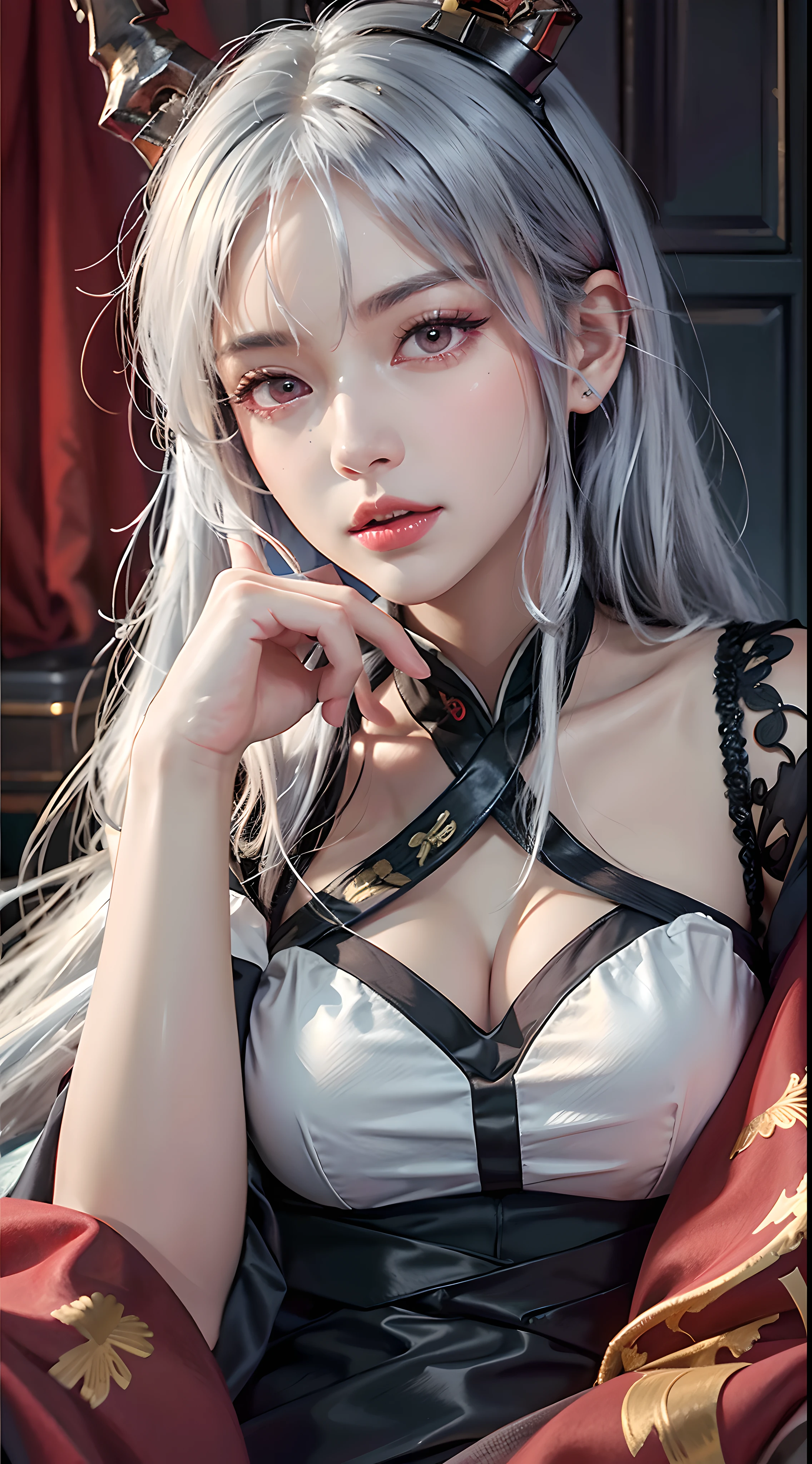 photorealistic, high resolution, soft lights, 1women, solo, hips up, look at viewer, (detailed face), red eyes, white hair, long hair, detailed eyes, ch'en \(arknights\), red eyes, solo, chinese dress, red cheongsam, realistic, makeup