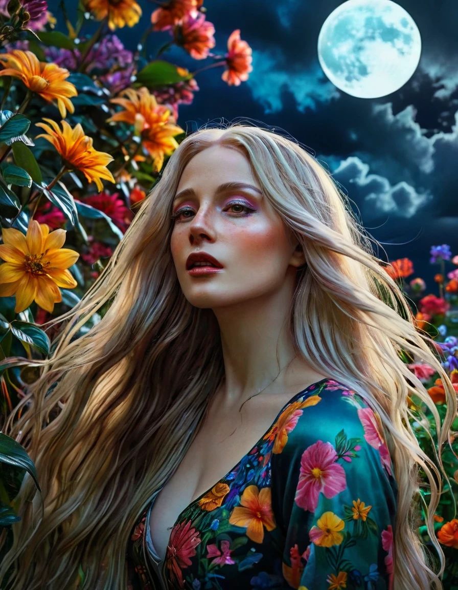 best quality, highres, ultra-detailed, realistic, pale-skinned woman with long flowing hair, elaborately painted with oil colors, posing gracefully in a surreal garden, surrounded by vibrant and colorful flowers and plants, with a dark and ominous sky overhead, perfectly lit by the fading light from a full moon, capturing the fragile beauty of life and the inevitability of death