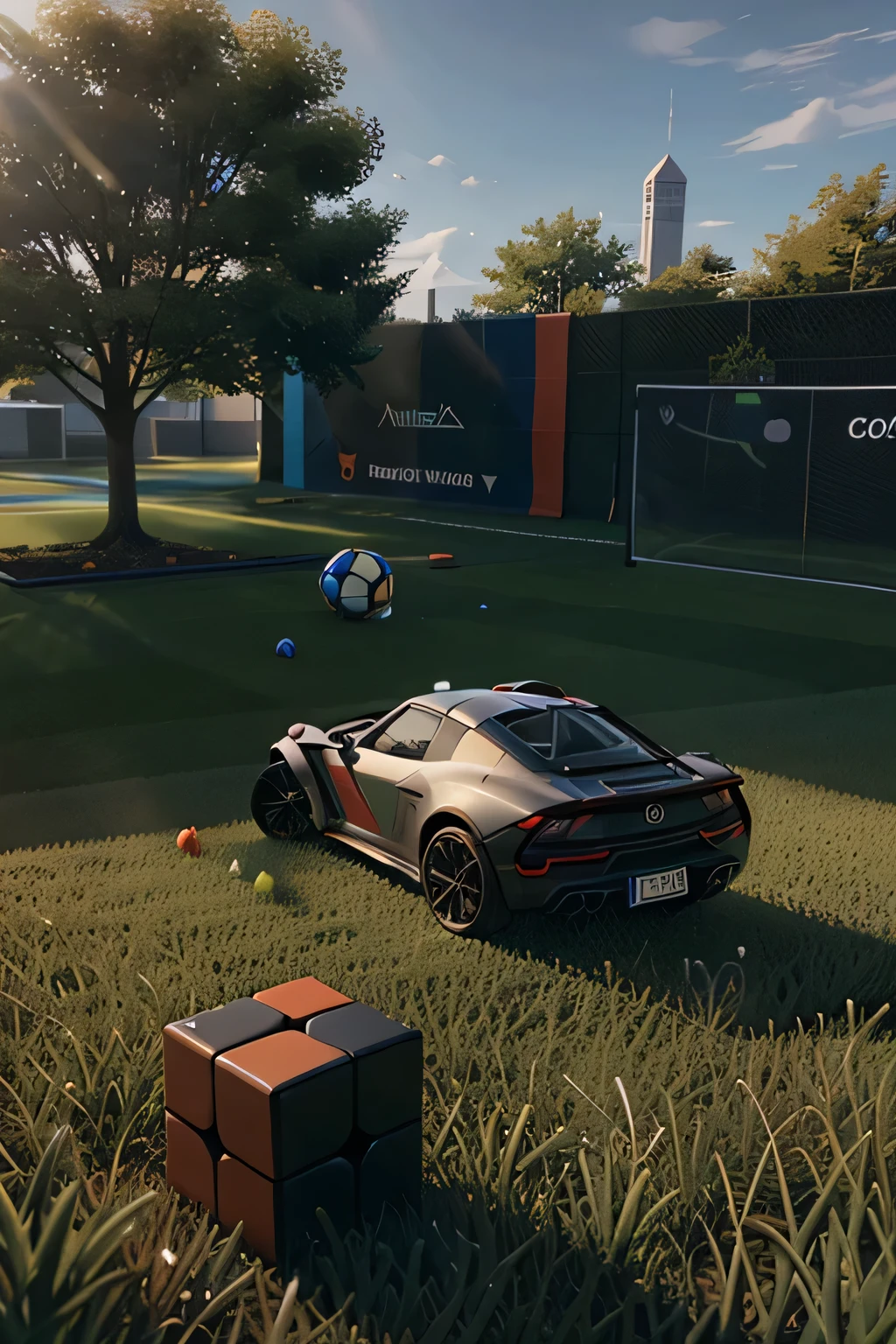 Rubik&#39;s Cube is lying on the lawn and a car from the computer game Rocket League is driving towards it