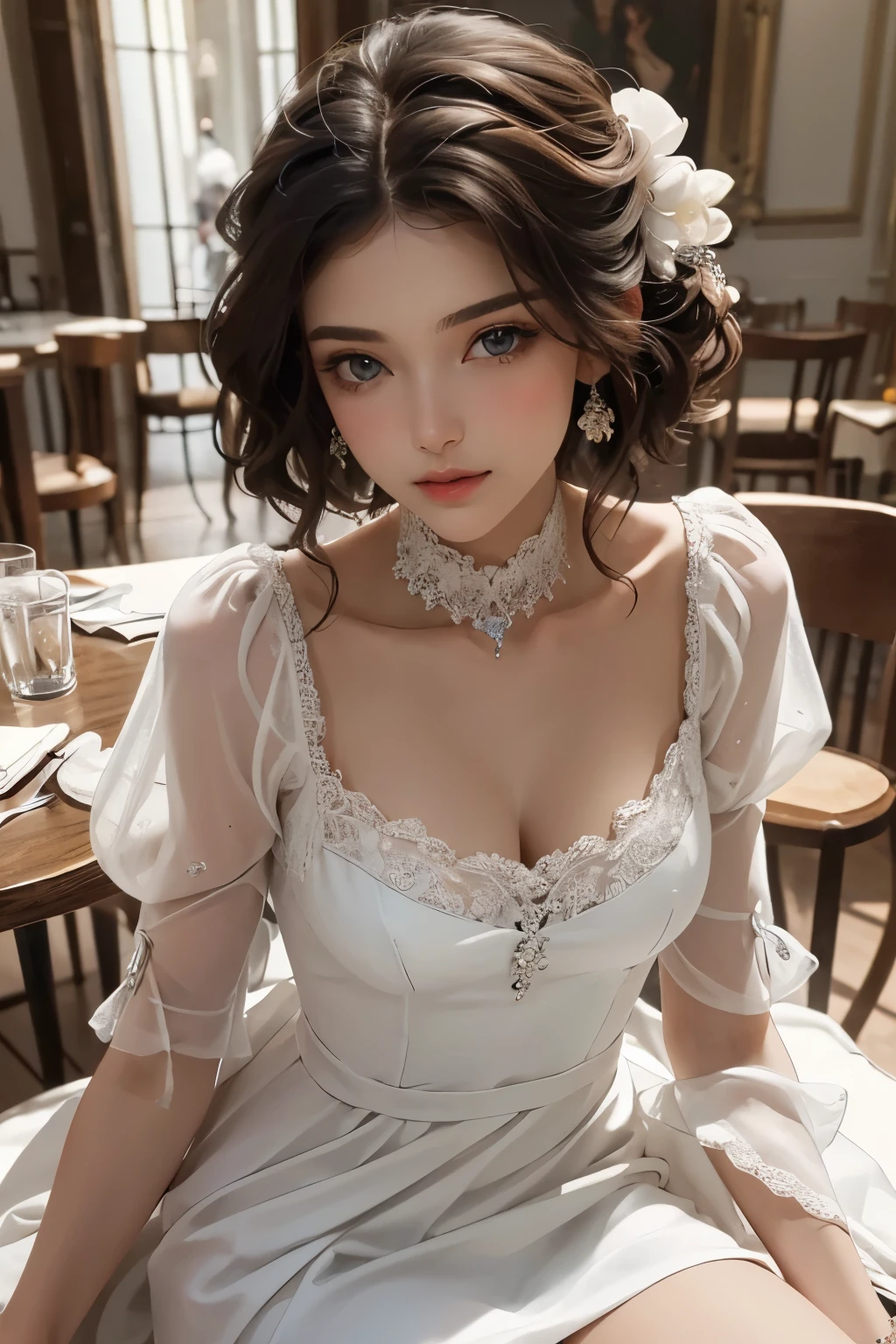 ((best quality)), ((masterpiece)), (detailed), perfect face, Woman sitting at table wearing white dress, ( ( Konstantin Razumov ) ), clothes: random color,