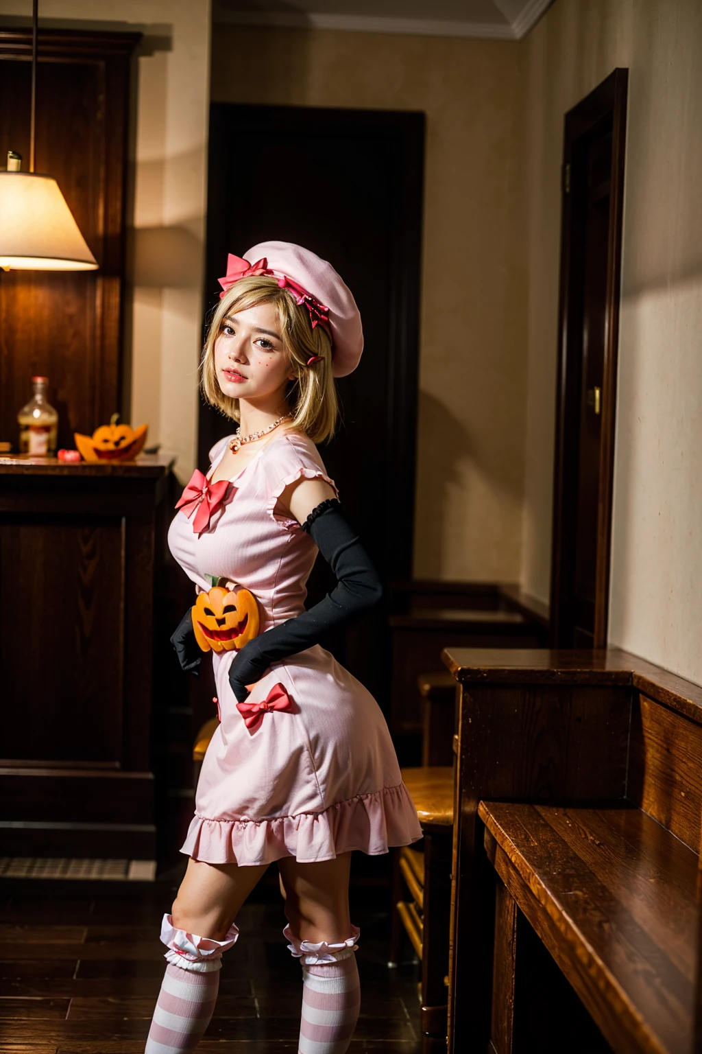 (1 lady), The beautiful, (Best quality at best:1.4), (ultra - detailed), (extremely detailed CG unified 16k), gold blonde hair, very detailed, High-definition RAW color photo, professional photoshooting, amazing face and eyes, cosmetics, (amazingly beautiful girl), ((lambdadelta)), ((dress, shoes bow, red shoes, striped stockings, red bow, pink hat, necklace, gloves, pearl, pumpkin brooch, pink dress)), standing, sexyposture,(Dark and stylish bar, drinks, lamp lights, lamp lights:1.3), (look from down), realistic cinematic face, head to feet long wide zoomed out view, full body long view , photorealistic, ((realistic natural blonde hair style, honey eyes)), gorgeous, extremely beautiful face, perfect model beauty, pout mouth, flirting smile, cleavages, city girl, western, shopping in the city, (masterpiece), best quality, high resolution, extremely detailed, blurred background, depth of field, cinematic lighting, amazing legs, high heels, clear and well-cared skin