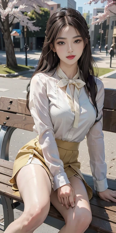 ((whole body)), ((from the front)), ((sitting on a park bench)), ((realistic)), 1 girl, looking at viewer, detailed scene, straight hair, air bang, beautiful hair accessories, brownish yellow hair, ((white colored blouse, short black tight skirt, neck bow tie, high heel)), (Campus Style), warm lighting, warm color palette, More details, very detailed, (masterpiece, best quality), (Very detailed and beautiful work), delicate earrings, delicate necklace, simple blurred background, extreme detail description, Ultra-fine painting, delicate face, slim body, (smile, tooth exposure), (anatomy correct), Big and attractive breasts, stockings, Cherry Blossom