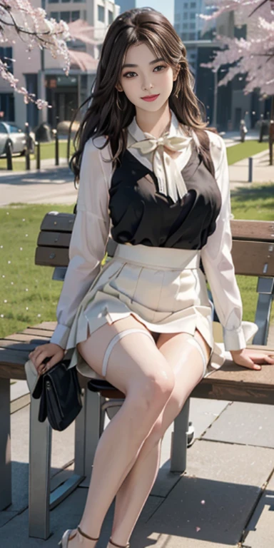 ((whole body)), ((from below)), ((sitting on a park bench)), ((realistic)), 1 girl, looking at viewer, detailed scene, straight hair, air bang, beautiful hair accessories, brownish yellow hair, ((white colored blouse, short black tight skirt, neck bow tie, high heel)), (Campus Style), warm lighting, warm color palette, More details, very detailed, (masterpiece, best quality), (Very detailed and beautiful work), delicate earrings, delicate necklace, simple blurred background, extreme detail description, Ultra-fine painting, delicate face, slim body, (smile, tooth exposure), (anatomy correct), Big and attractive breasts, stockings, Cherry Blossom