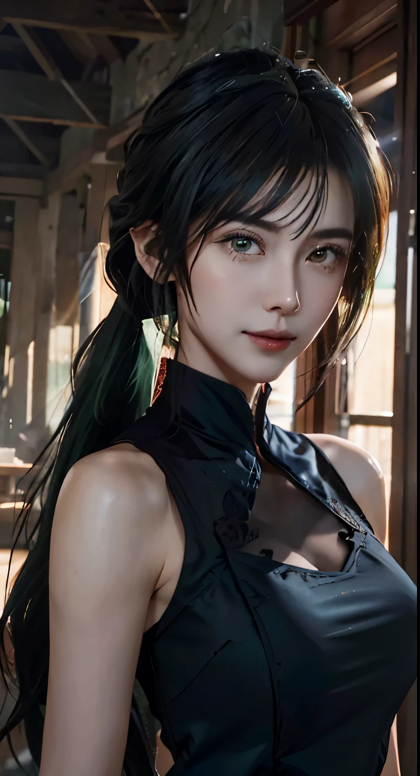 there is a woman,beautiful anime portrait, stunning facial portrait, Detailed portrait of a girl, portrait girl, Guweiz style artwork, anime style. 8K, realistic art style, smooth CG art, Style 4K, digital anime illustration, beautiful girl, anime girl portrait,long ponytail hairstyle,Black and green hair, nice hair accessories, light green eyes,Big eyes,Wearing red glasses,Half-rim glasses,smile
