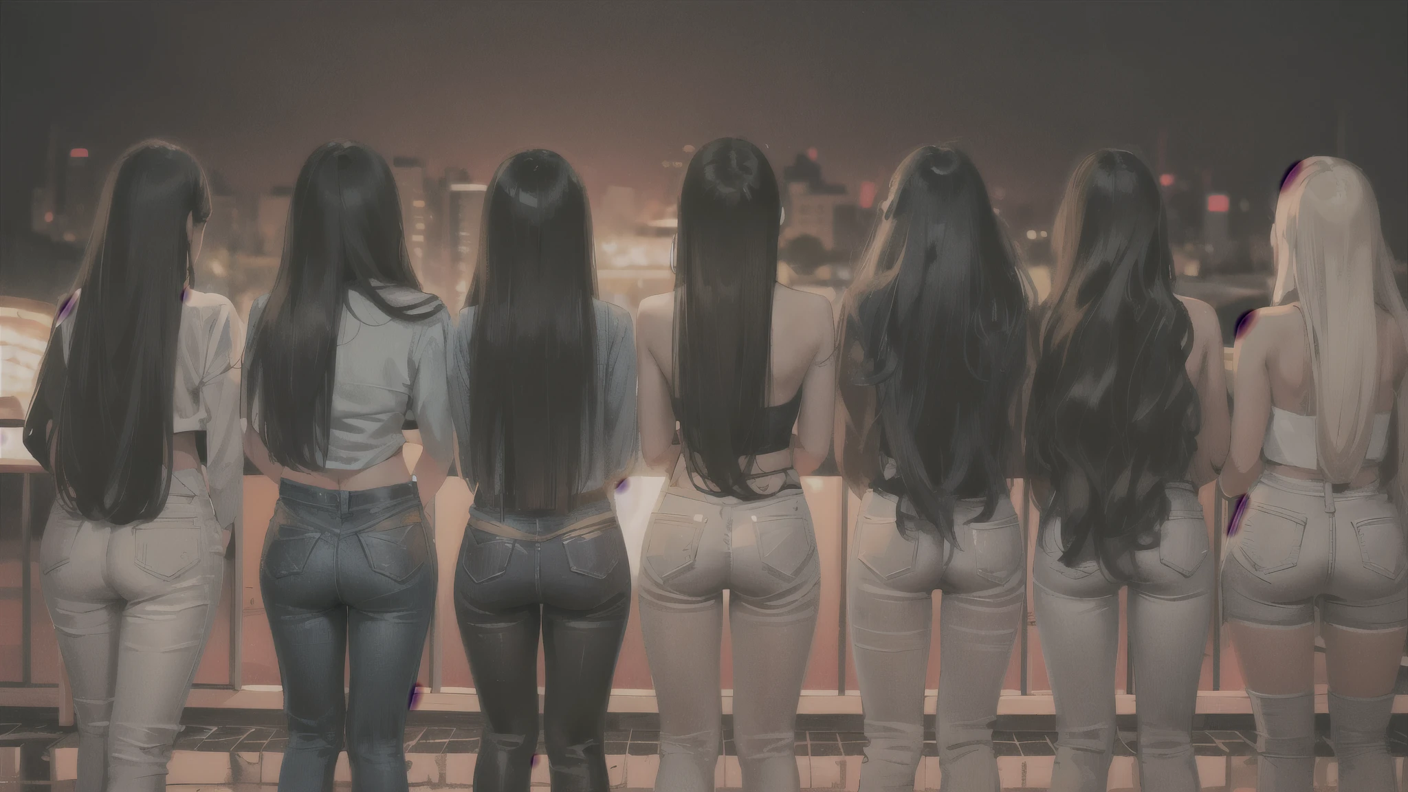 araffes of girls long hair standing on a ledge, long hair, 齐腰long hair, long hair直垂下来, Long straight hair, Long fine hair, long shot from behind, shot from behind, long hair女孩, Her hair is long and straight, puple hair, long hair, long black hair, She has her back to us