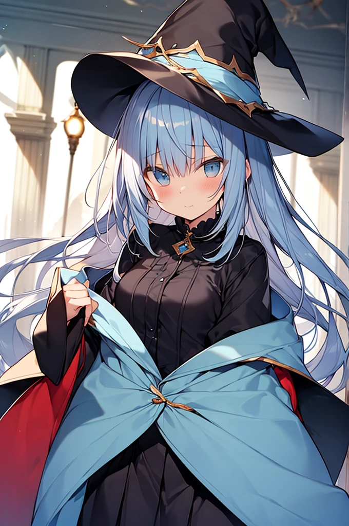 kawaii shota,light blue witch's clothes and hat,silver hair,long loose hair,
