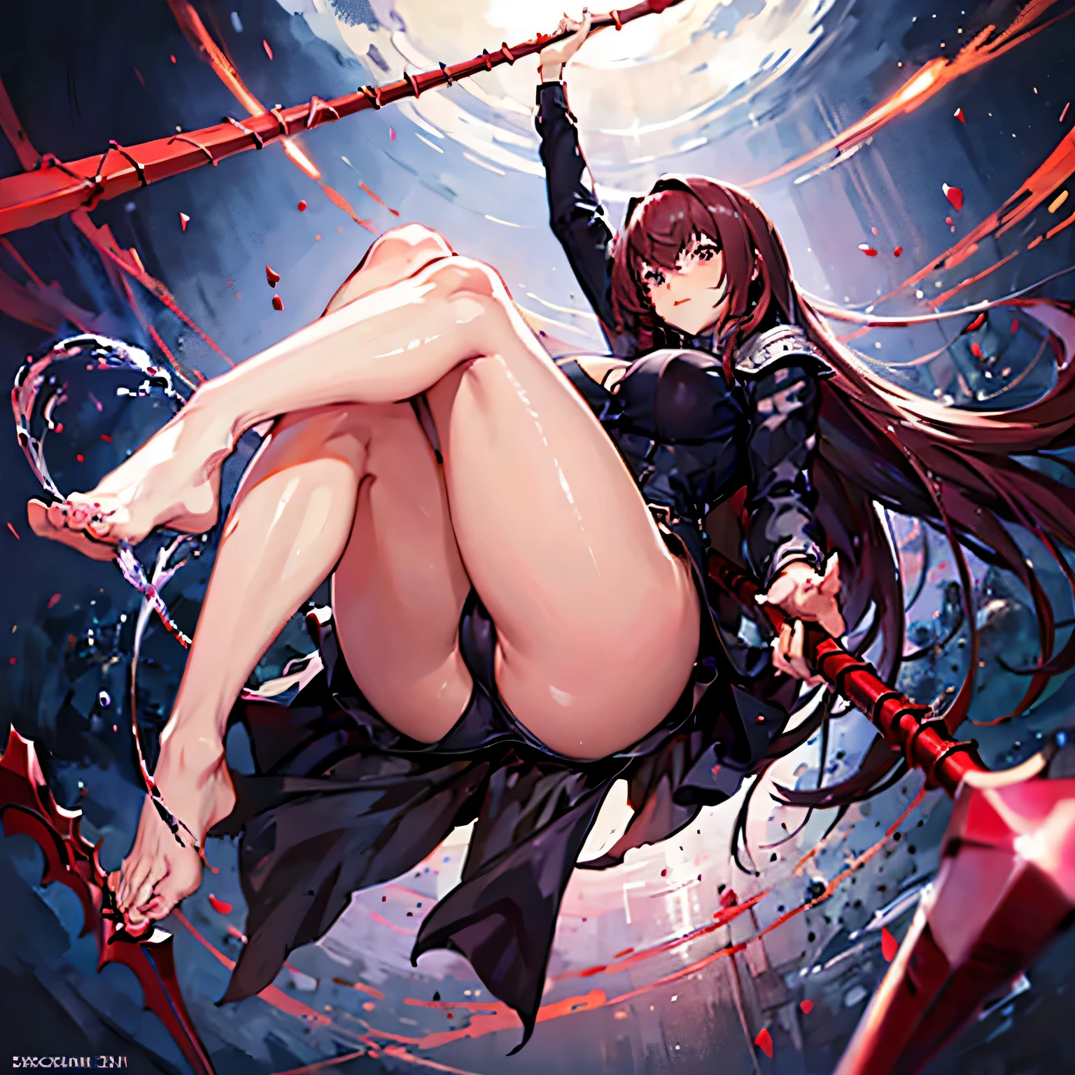 1girl, Scathach, sweater, bare legs, busty thighs, panties, full body, bare thighs, bottomless, both legs bare, 