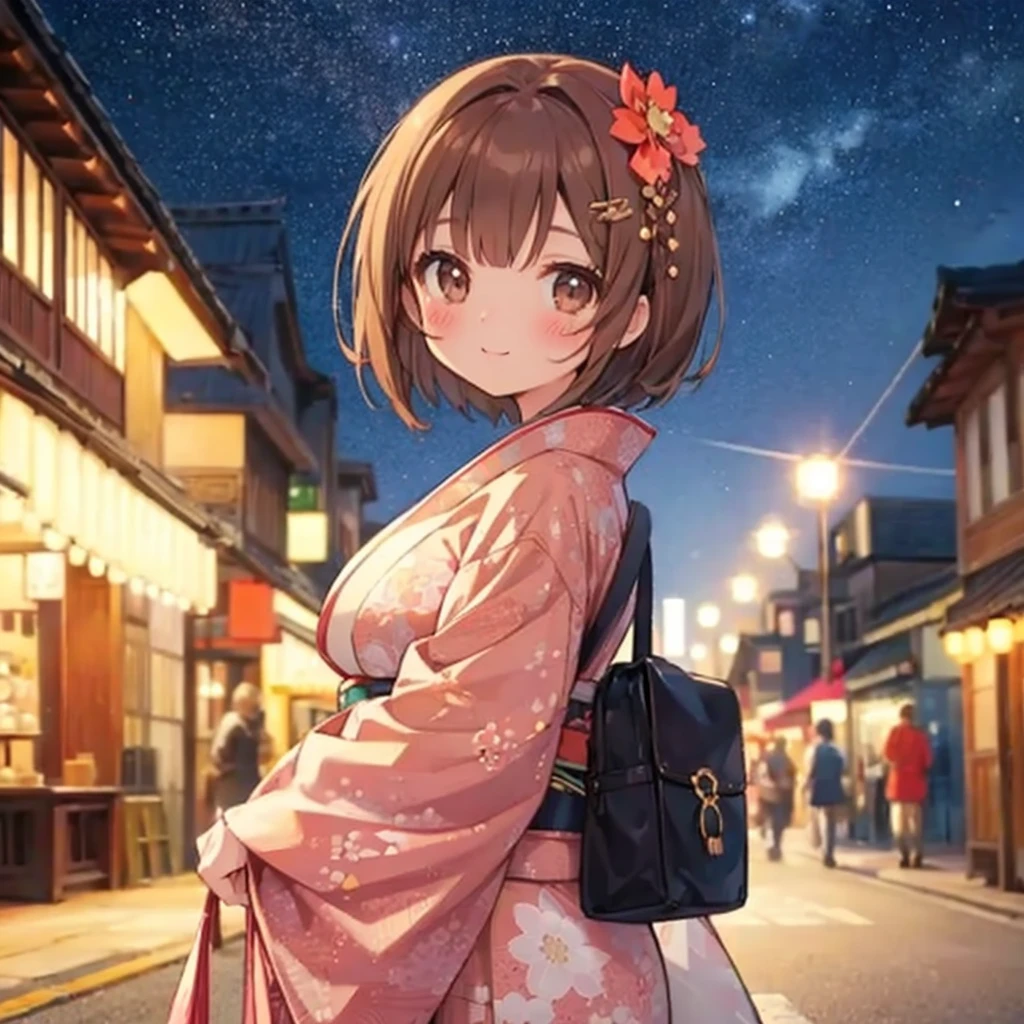 big breasts, brown hair, brown eyes, Wave Shorthair, bangs, blush, starry sky, street, bright, Cute kimono, cute hair accessories, Frolic happily, smile, Cute Bag,