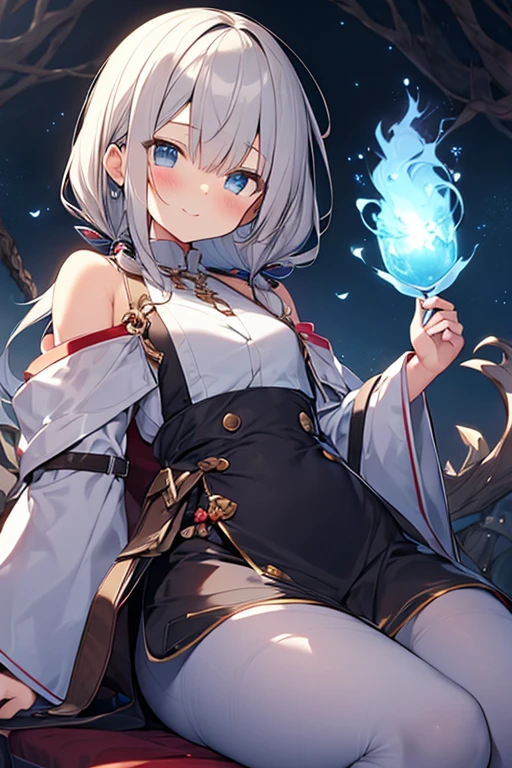 ultra cute young boy,light blue witch's clothes,silver hair,long loose hair,