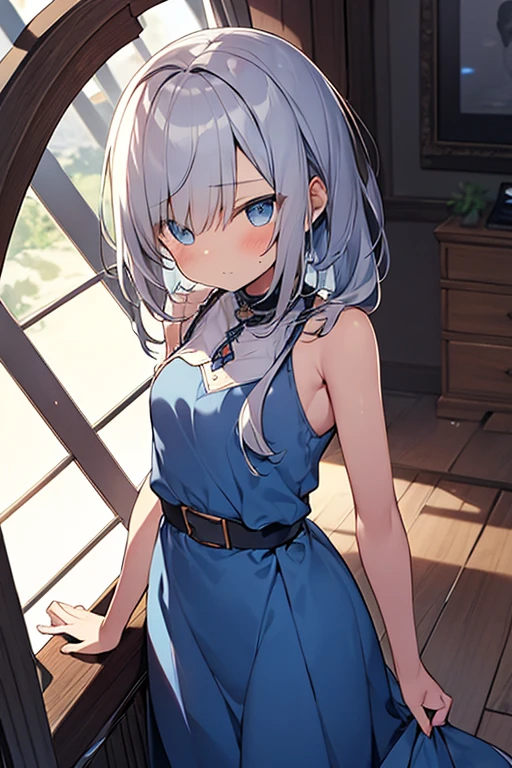 One girl、silber hair、blue eyess、校服、cute little、​masterpiece、Top image quality、top-quality、piece sign