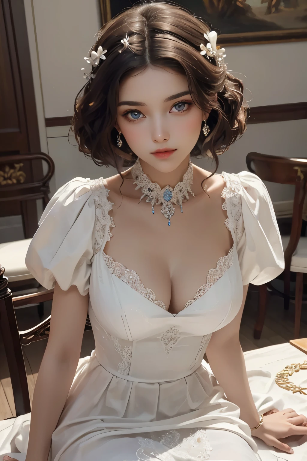 ((best quality)), ((masterpiece)), (detailed), perfect face, Woman sitting at table wearing white dress, ( ( Konstantin Razumov ) ), different actions,