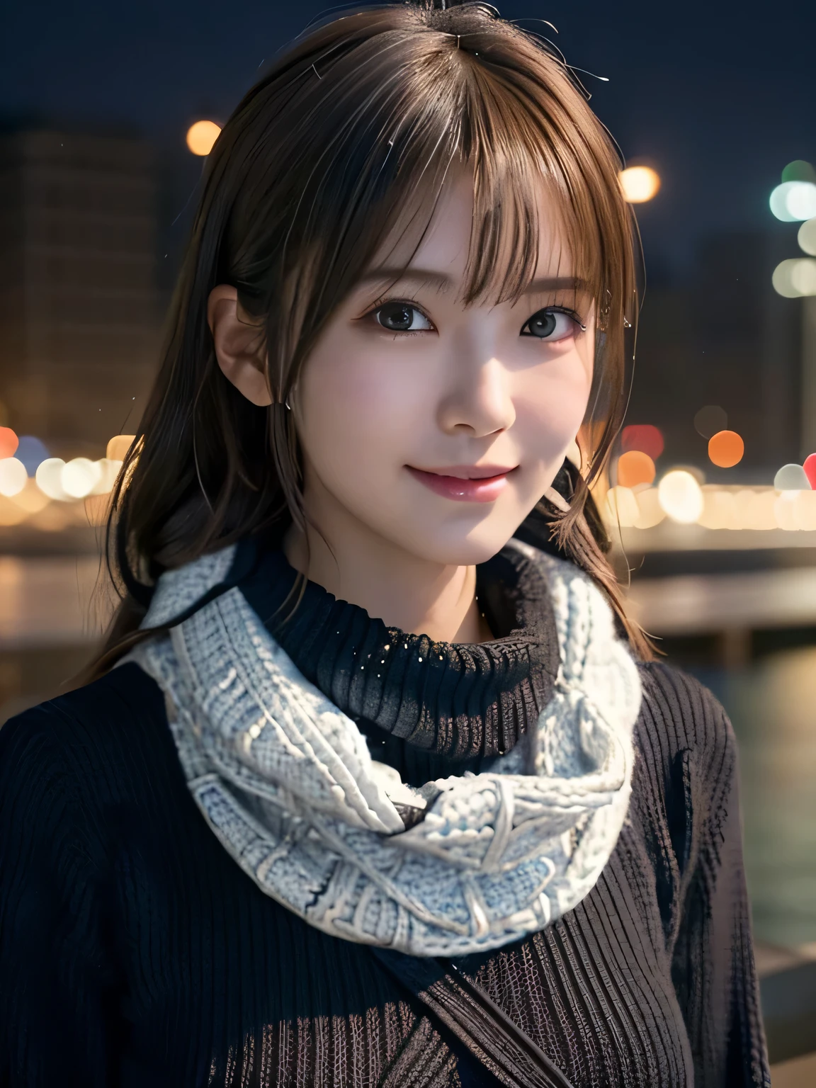 1 Japanese girl,(black sweater:1.4),(She wears a knitted snood around her neck to hide her chin...:1.5), (Raw photo, highest quality), (realistic, Photoreal:1.4), table top, very delicate and beautiful, very detailed, 8k wallpaper, wonderful, finely, very detailed CG Unity, High resolution, soft light, Beautiful detailed 19 year old, very detailed目と顔, beautifully detailed nose, finely beautiful eyes,cinematic lighting,night city lights,perfect anatomy,slender body,smile  (hair is dirty, asymmetrical bangs, light brown hair,)