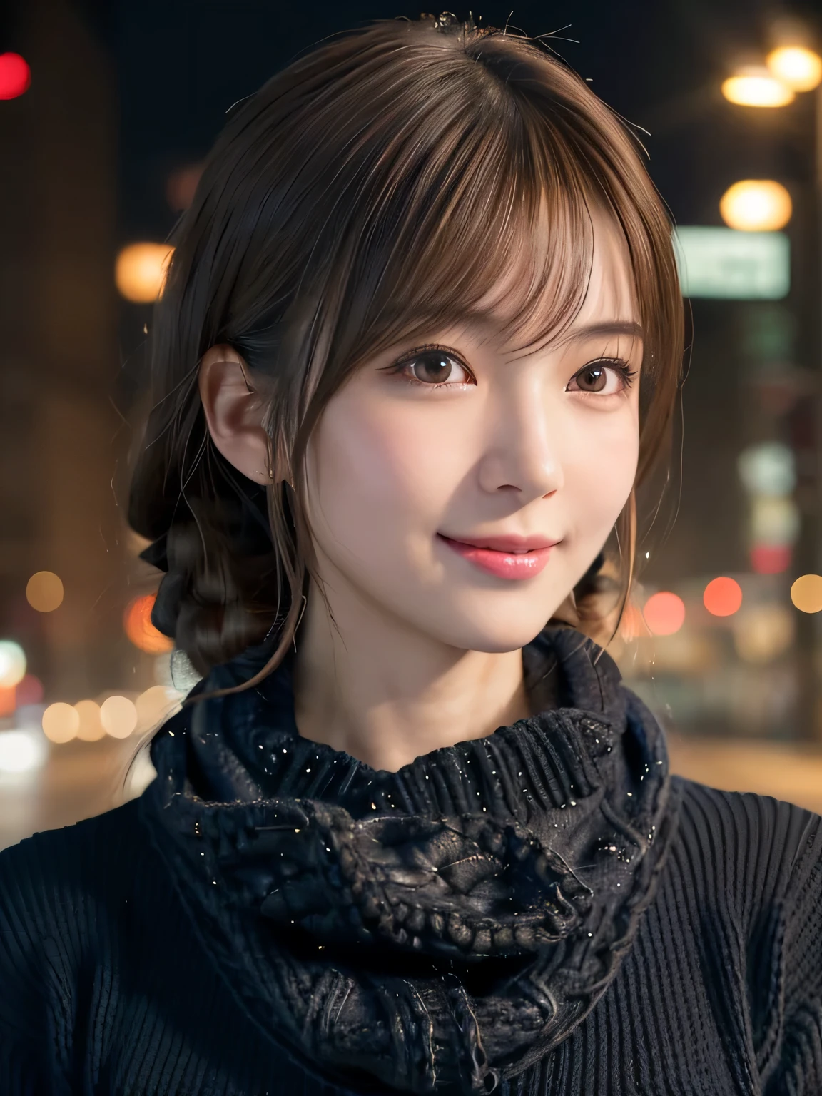 1 Japanese girl,(black sweater:1.4),(She wears a knitted snood around her neck to hide her chin...:1.5), (Raw photo, highest quality), (realistic, Photoreal:1.4), table top, very delicate and beautiful, very detailed, 8k wallpaper, wonderful, finely, very detailed CG Unity, High resolution, soft light, Beautiful detailed 19 year old, very detailed目と顔, beautifully detailed nose, finely beautiful eyes,cinematic lighting,night city lights,perfect anatomy,slender body,smile (hair is dirty, asymmetrical bangs, light brown hair,)