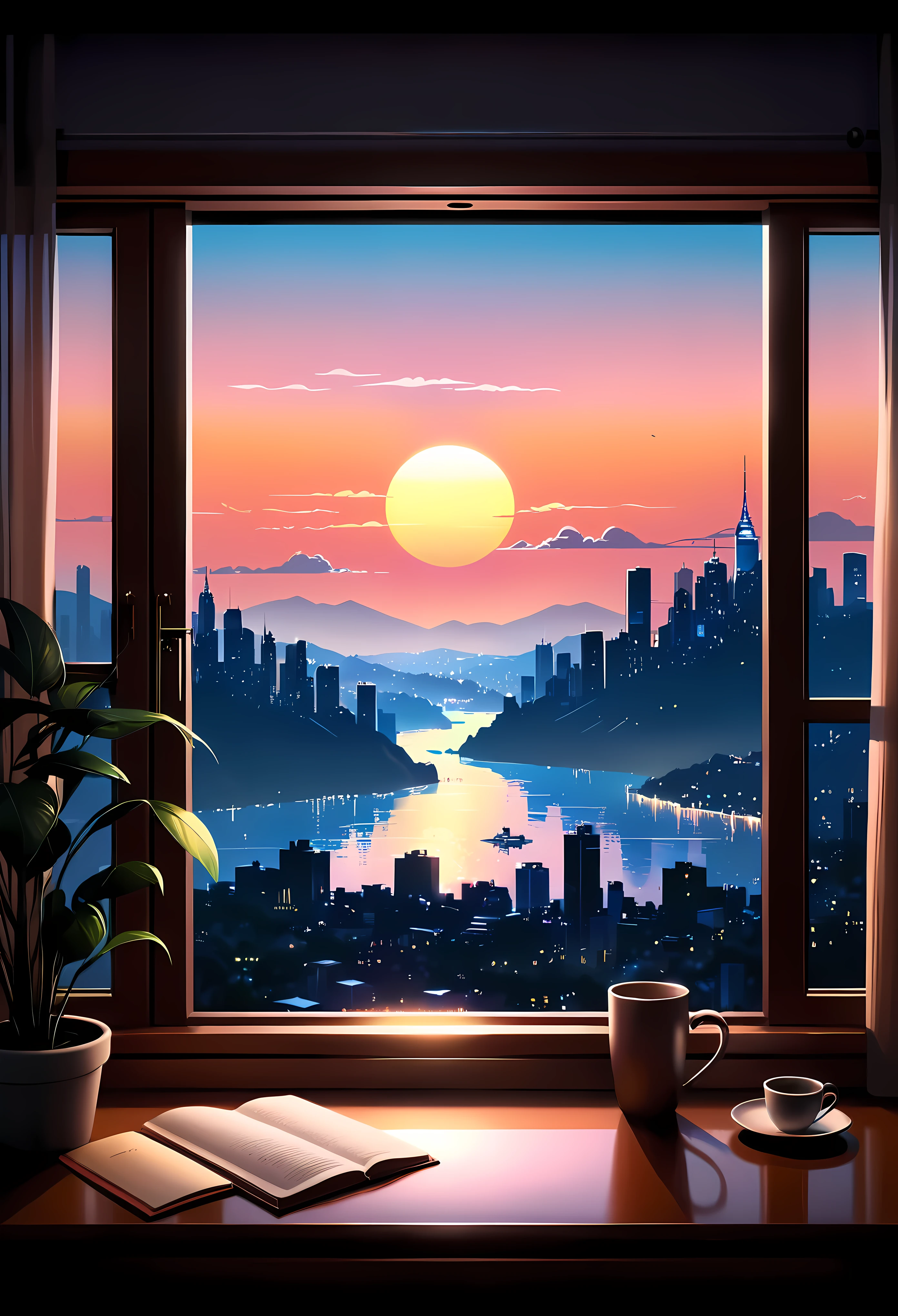 illustration of a room with a view of the city at night, scenery wallpaper aesthetic, wallpaper aesthetic, beautiful aesthetic art, beautiful and aesthetic, lofi artstyle, beautiful cityscape, lofi art, cozy wallpaper, anime background art, cityscape in the window, watching the sun set. anime, anime aesthetic, lo-fi illustration style, city sunset, lofi aesthetic. | ((Masterpiece in maximum 16K resolution):1.6),((soft_color_illustration:1.5), ((Ultra-Detailed):1.4),((Movie-like still images and dynamic angles):1.3), ((Ultra wide angle):1.5),((cinematic illustration style):1.3). | award winning masterpiece with incredible details, epic stunning, (shimmer), (visual experience), (Realism), (Realistic), award-winning graphics, dark shot, film grain, extremely detailed, Digital Art, rtx, Unreal Engine, scene concept anti glare effect, All captured with sharp focus. Rendered in ultra-high definition with UHD and retina quality, this masterpiece ensures anatomical correctness and textured skin with super detail. With a focus on high quality and accuracy, this award-winning portrayal captures every nuance in stunning 16k resolution, immersing viewers in its lifelike depiction. Avoid extreme angles or exaggerated expressions to maintain realism. ((perfect_composition, perfect_design, perfect_layout, perfect_detail, ultra_detailed)), ((enhance_all, fix_everything)),