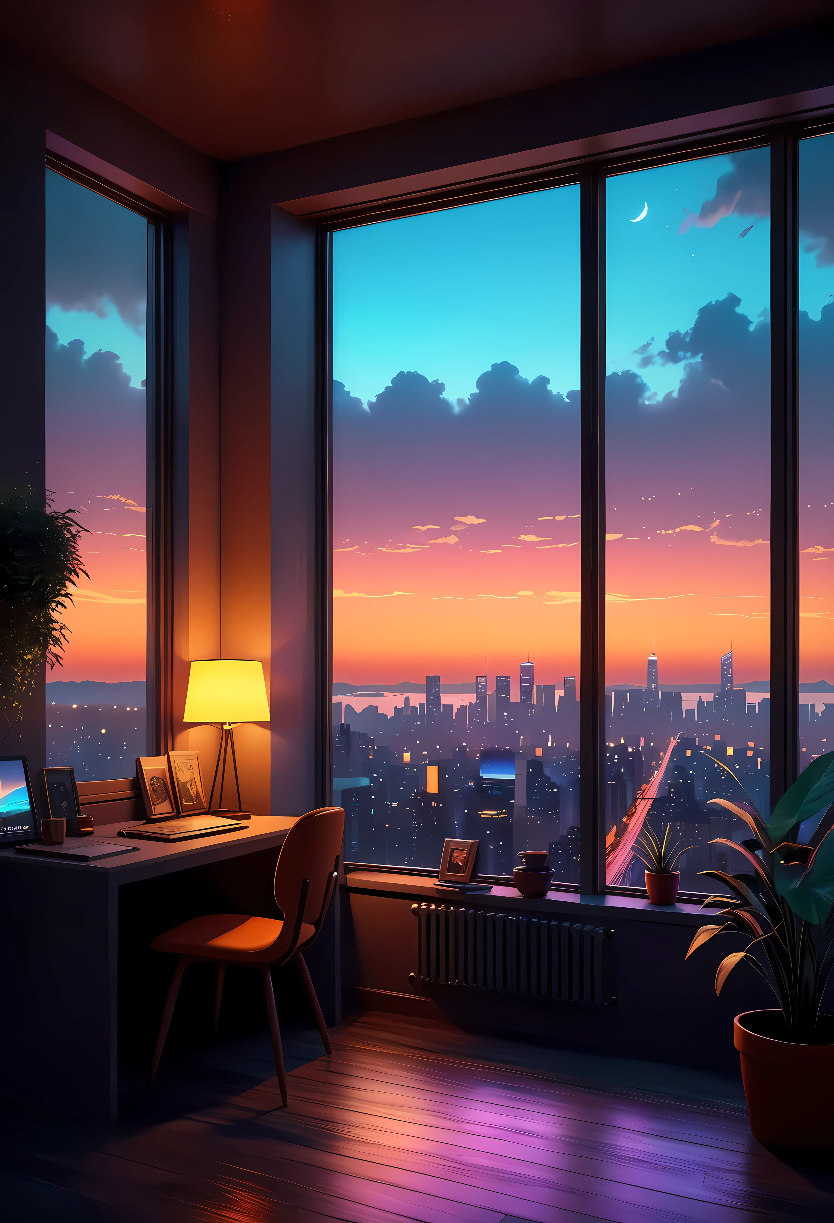 illustration of a room with a view of the city at night, scenery wallpaper aesthetic, wallpaper aesthetic, beautiful aesthetic art, beautiful and aesthetic, lofi artstyle, beautiful cityscape, lofi art, cozy wallpaper, anime background art, cityscape in the window, watching the sun set. anime, anime aesthetic, lo-fi illustration style, city sunset, lofi aesthetic. | ((Masterpiece in maximum 16K resolution):1.6),((soft_color_illustration:1.5), ((Ultra-Detailed):1.4),((Movie-like still images and dynamic angles):1.3), ((Ultra wide angle):1.5),((cinematic illustration style):1.3). | award winning masterpiece with incredible details, epic stunning, (shimmer), (visual experience), (Realism), (Realistic), award-winning graphics, dark shot, film grain, extremely detailed, Digital Art, rtx, Unreal Engine, scene concept anti glare effect, All captured with sharp focus. Rendered in ultra-high definition with UHD and retina quality, this masterpiece ensures anatomical correctness and textured skin with super detail. With a focus on high quality and accuracy, this award-winning portrayal captures every nuance in stunning 16k resolution, immersing viewers in its lifelike depiction. Avoid extreme angles or exaggerated expressions to maintain realism. ((perfect_composition, perfect_design, perfect_layout, perfect_detail, ultra_detailed)), ((enhance_all, fix_everything)),