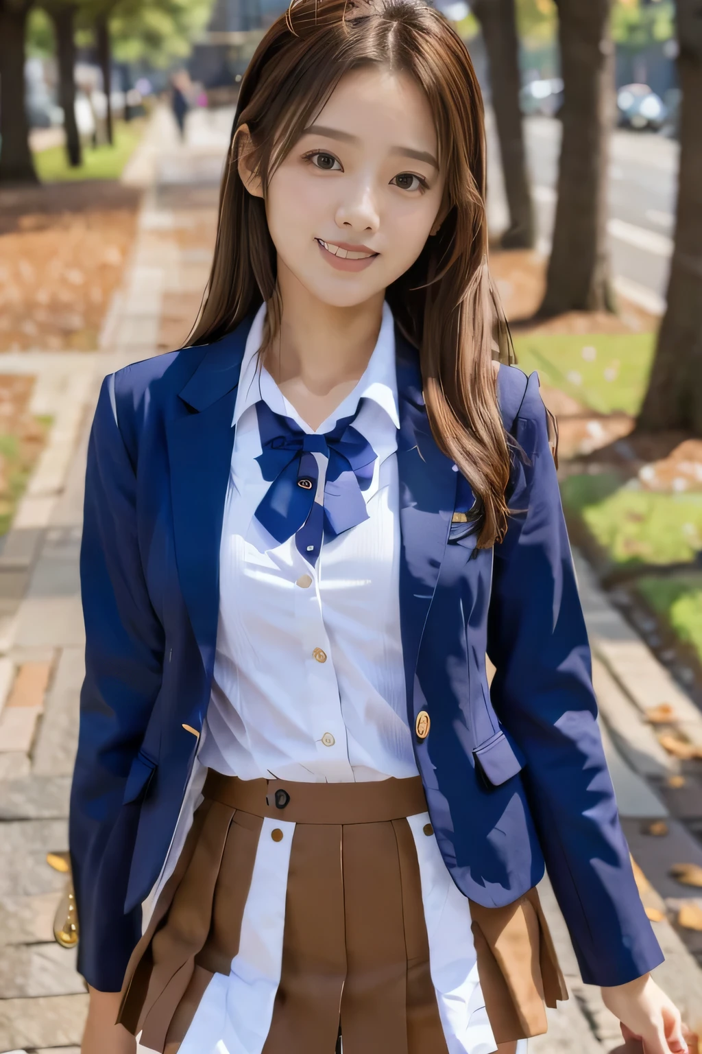 masterpiece, highest quality, Photoreal, Super detailed, finely, High resolution, 8k wallpaper, Professional, Advanced level of detail, ((One high school girl:1.2)), Slender Japanese women,, detailed clavicle, Medium chest、perfect face, (Front facing:1.2)、medium hair, chestnut hair、(school uniform:1.5)、(navy blue blazer:1.2)、(mini skirt:1.2)、cute face、(looking straight ahead:1.5)、(brown skin:1.5)、full body shot、(cute smile:1.5)