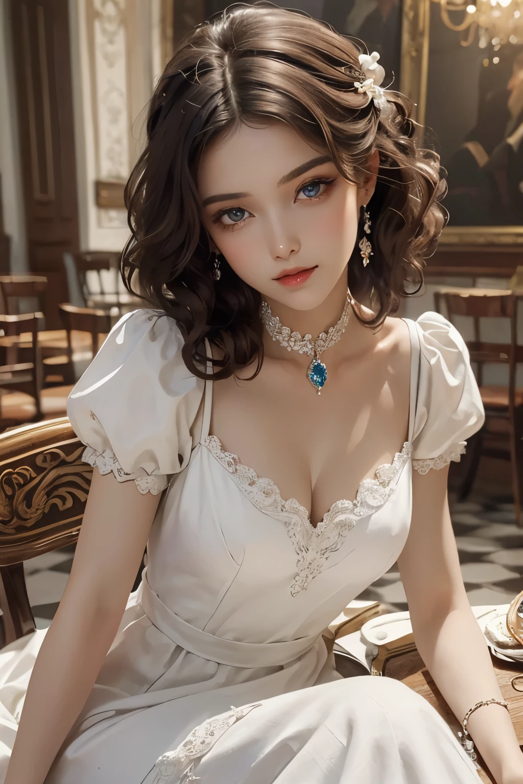 ((best quality)), ((masterpiece)), (detailed), perfect face, Woman sitting at table wearing white dress, ( ( Konstantin Razumov ) ),