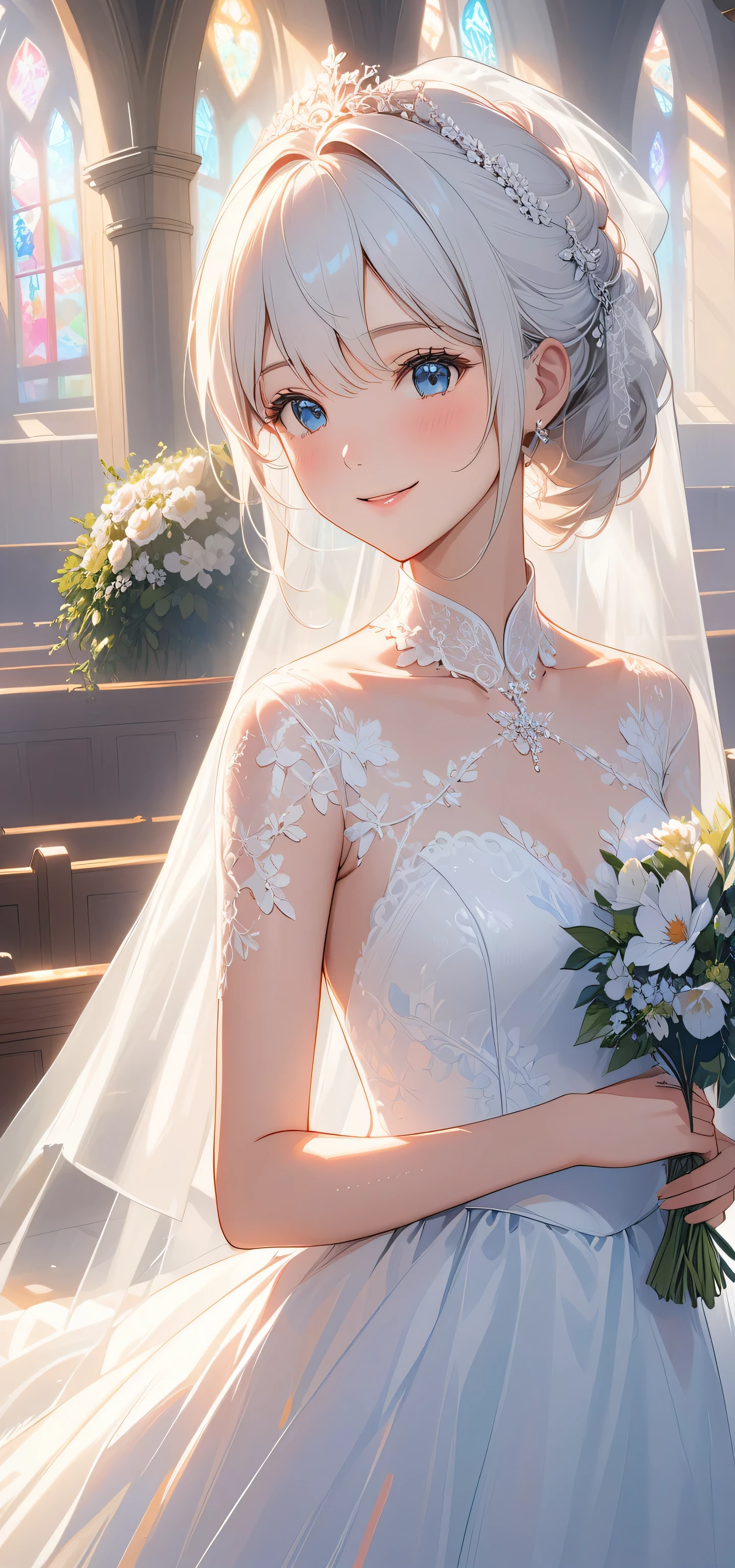 masterpiece, top quality, Super details, 8K, Detail lights, Detailed shadows, raw, (delicate skin), (real: 1.2),, 1 girl, white hair, Wedding dress，Eye close-up，church，flat chest，Smile，Positive face，for the audience