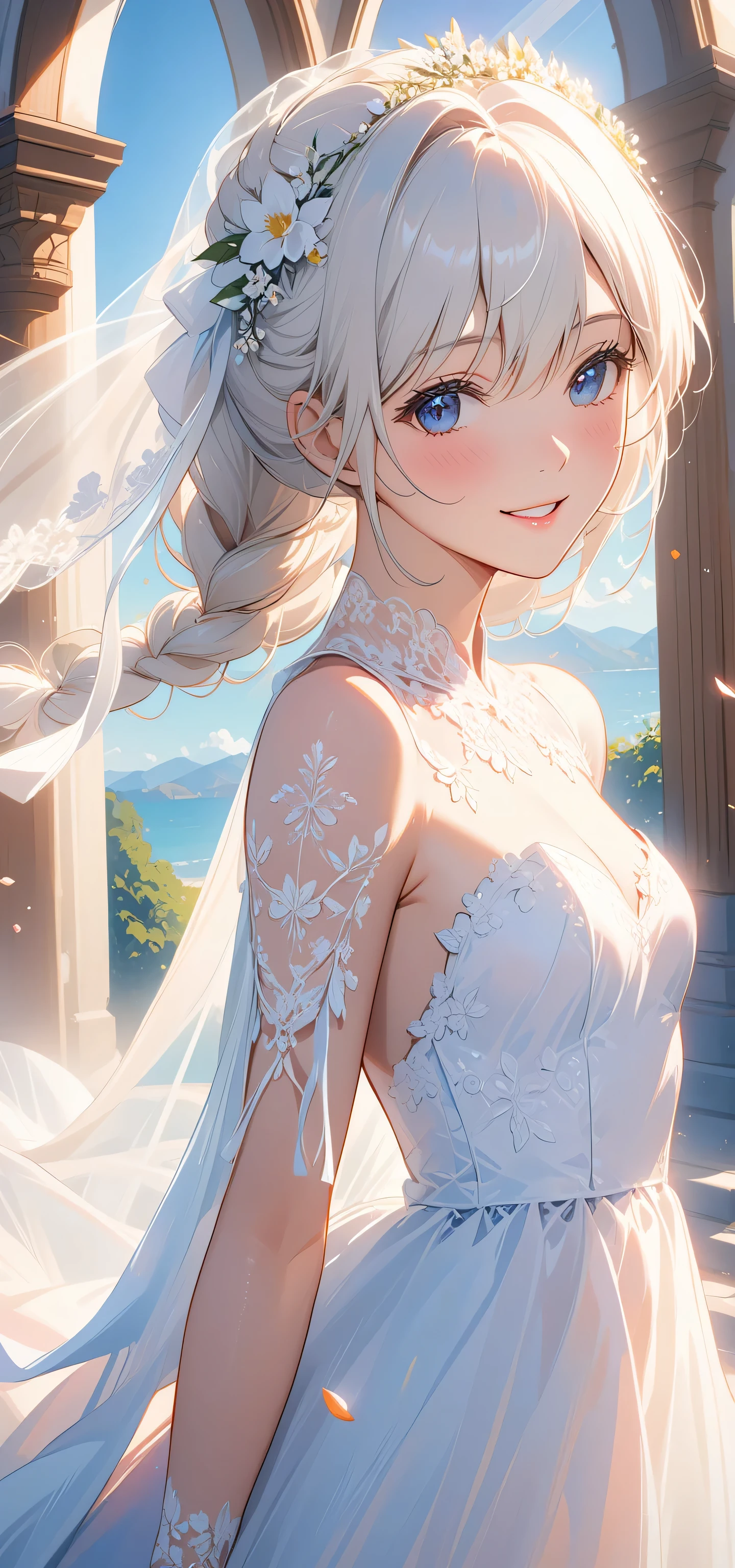 masterpiece, top quality, Super details, 8K, Detail lights, Detailed shadows, raw, (delicate skin), (real: 1.2),, 1 girl, white hair, Wedding dress，Eye close-up，church，flat chest，Smile，Positive face，for the audience