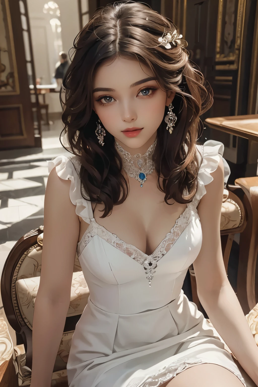((best quality)), ((masterpiece)), (detailed), perfect face, Woman sitting at table wearing white dress, ( ( Konstantin Razumov ) ),