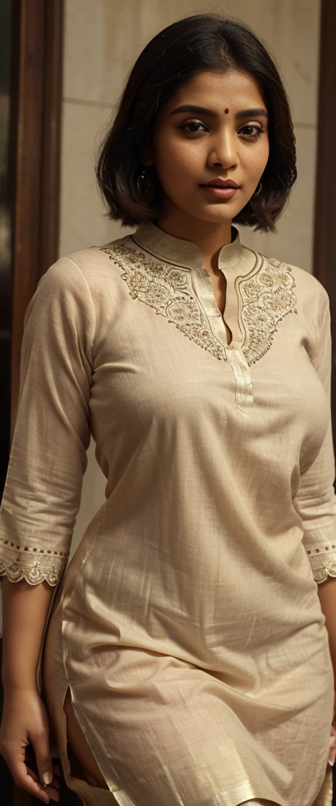 (front focus), (Gorgeous Indian curvy women), A beautiful Indian women (((wearing a saffron kurta))), (((knee length saffron kurta, saffron laces kurta, net sleeve, skinny salwar))), deep neck, Indian outfits, beautiful suit, gorgeous looking, ultra detailed face, red lips, high quality picture, candid picture, ultra detailed face, Indian outfits, Indian traditional, elegant costumes, chubby women, ((good proportion)), seducing, realistic background, sexy pose, women, front focus, closeup,